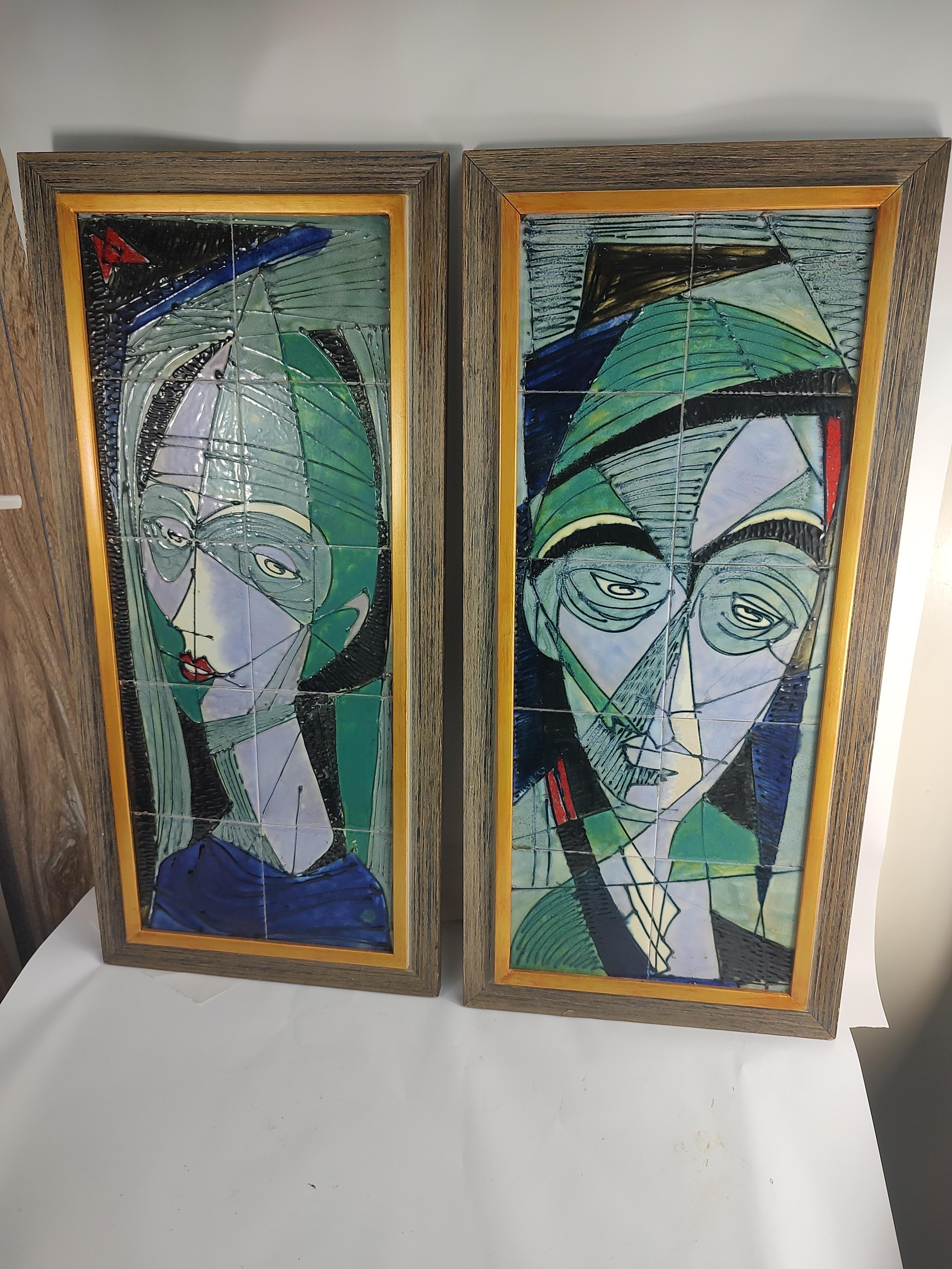 Pair of Mid Century Modern Stylized Ceramic Tile Portraits by Harris Strong 9