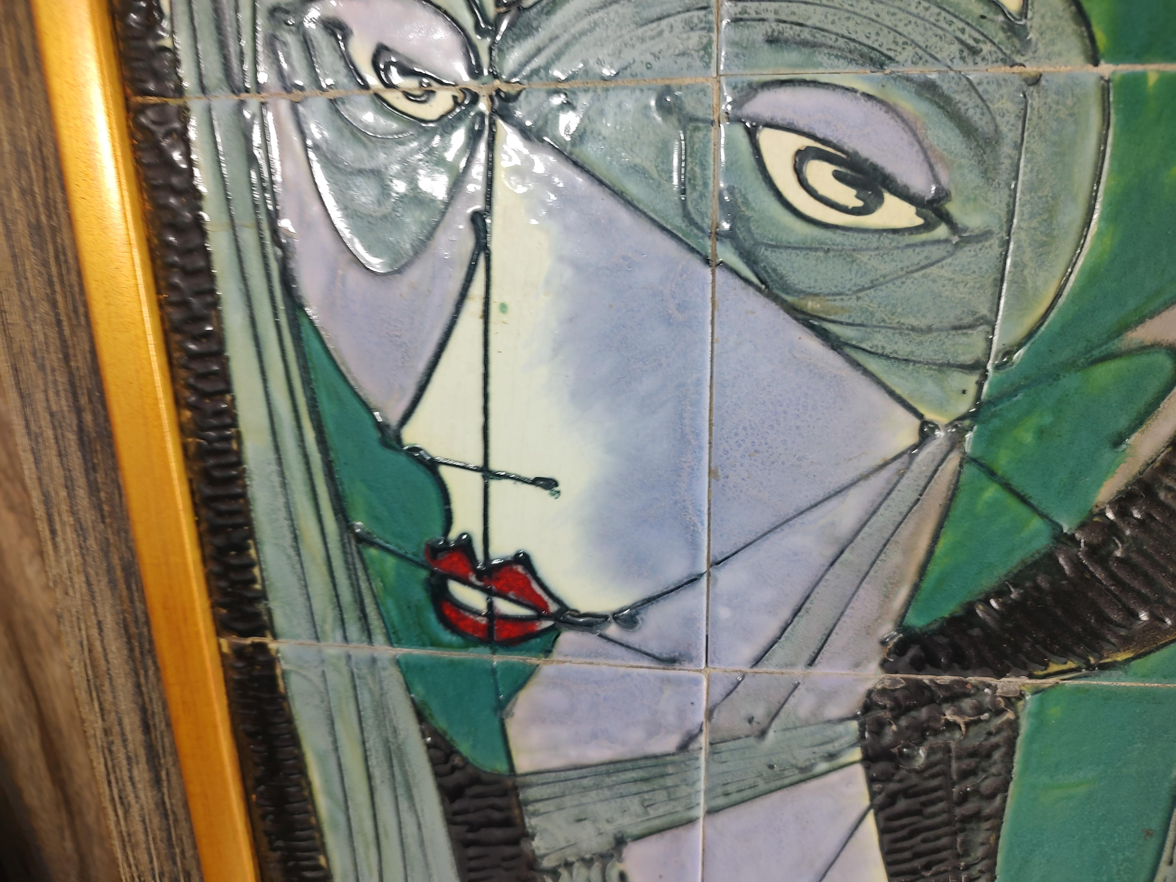Gilt Pair of Mid Century Modern Stylized Ceramic Tile Portraits by Harris Strong
