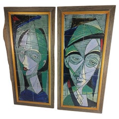 Pair of Mid Century Modern Stylized Ceramic Tile Portraits by Harris Strong 