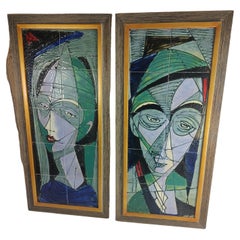 Pair of Mid Century Modern Stylized Ceramic Tile Portraits by Harris Strong