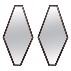 Pair of Mid-Century Modern Stylized Geometric Ebonized Walnut Hexagonal Mirrors
