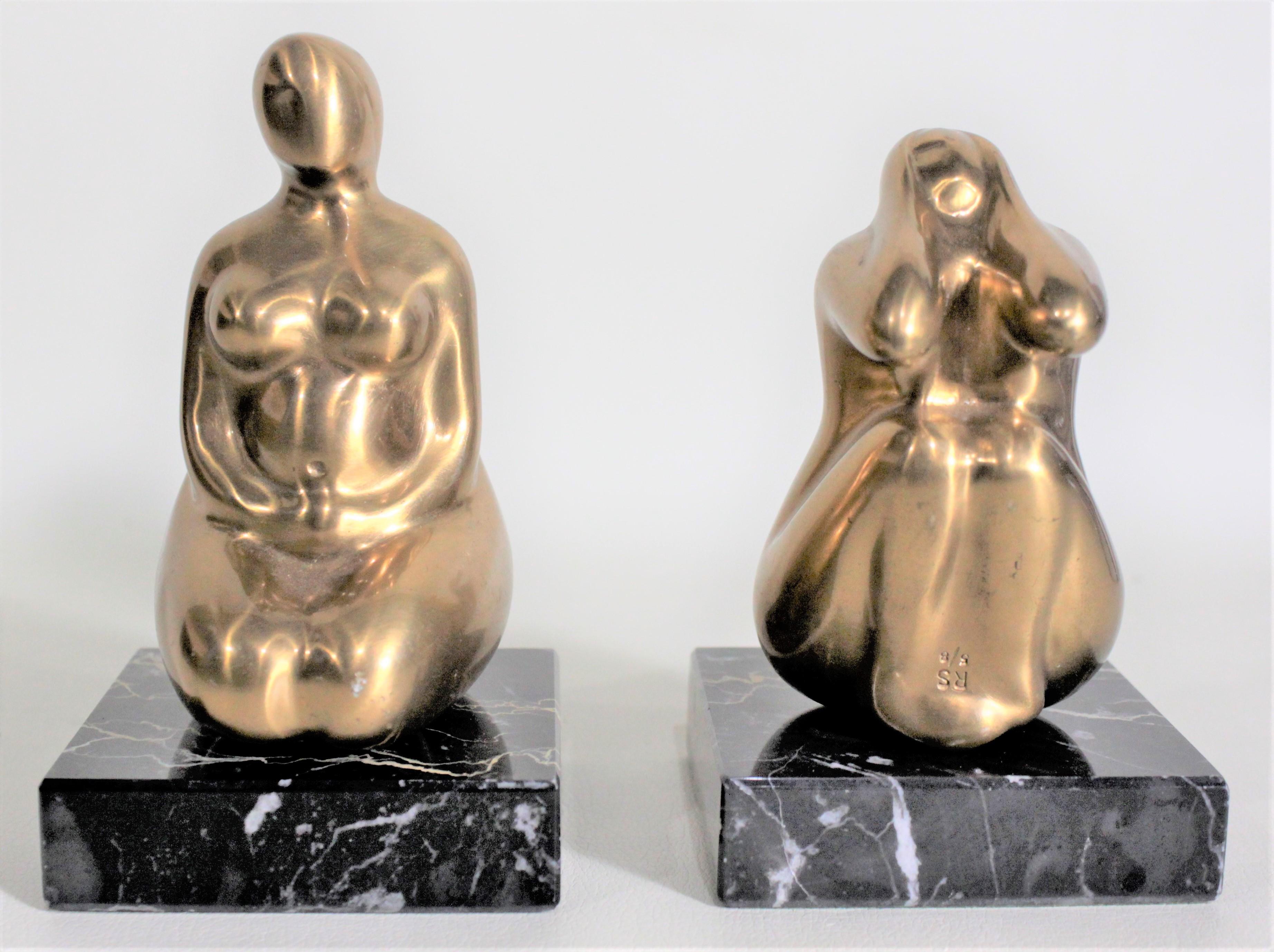 North American Pair of Mid-Century Modern Stylized Nude Female Gilt Bronze Sculptures