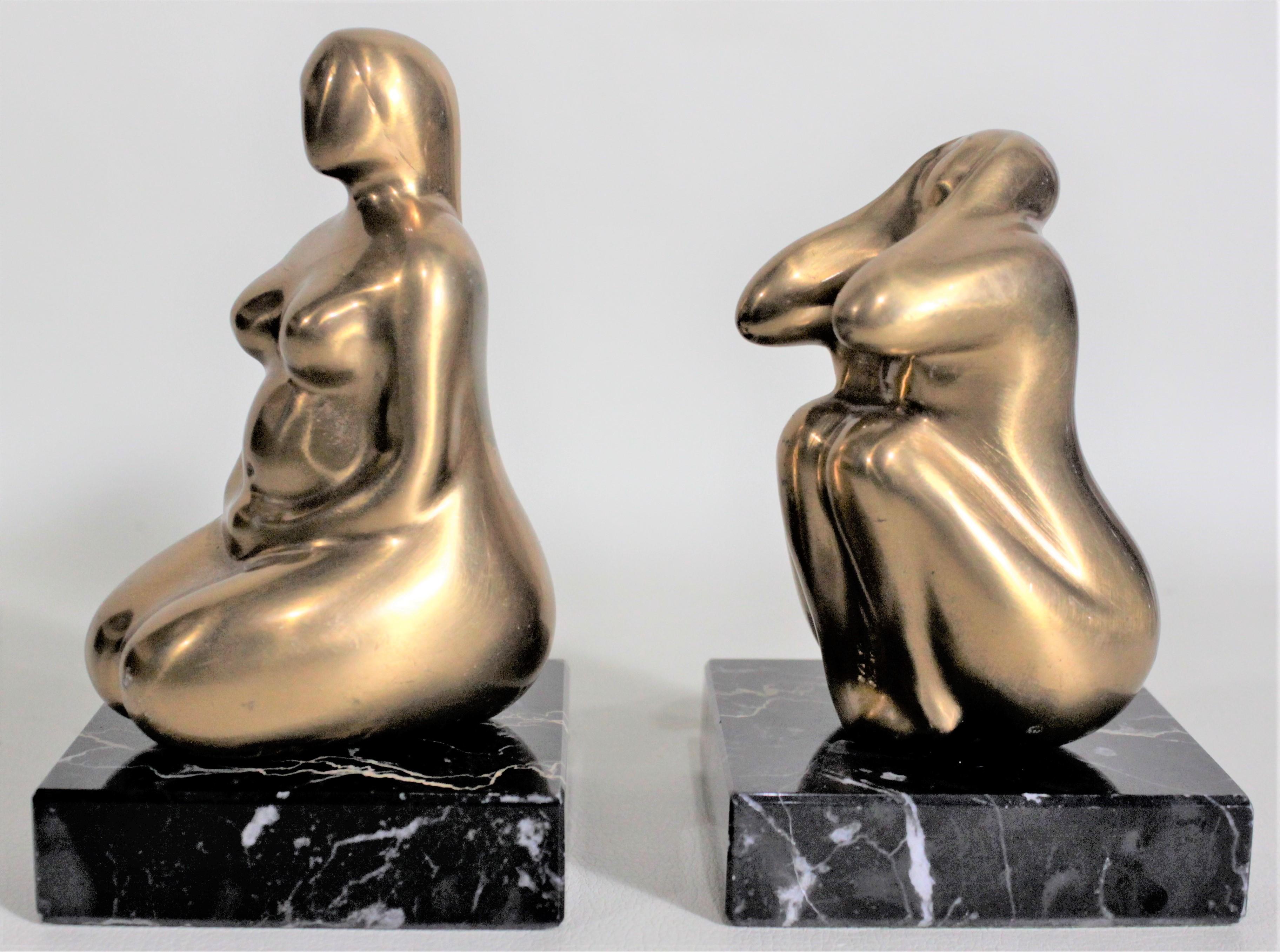 Hand-Crafted Pair of Mid-Century Modern Stylized Nude Female Gilt Bronze Sculptures