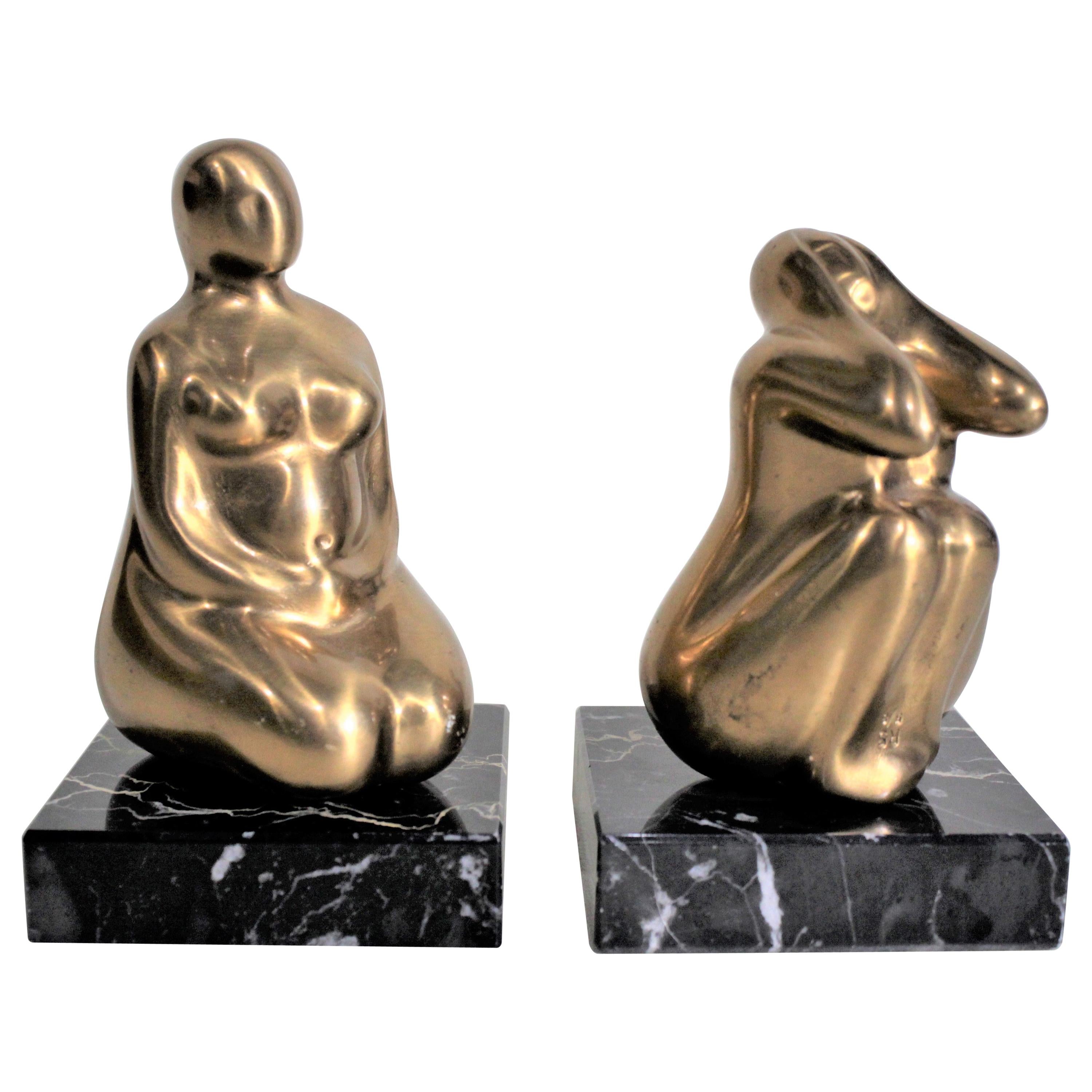 Pair of Mid-Century Modern Stylized Nude Female Gilt Bronze Sculptures