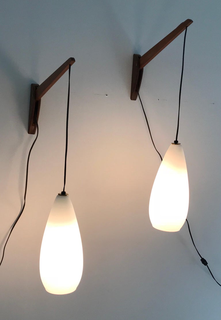 Pair of MidCentury Modern Swing Arm Pendant Lights, Milk White Glass