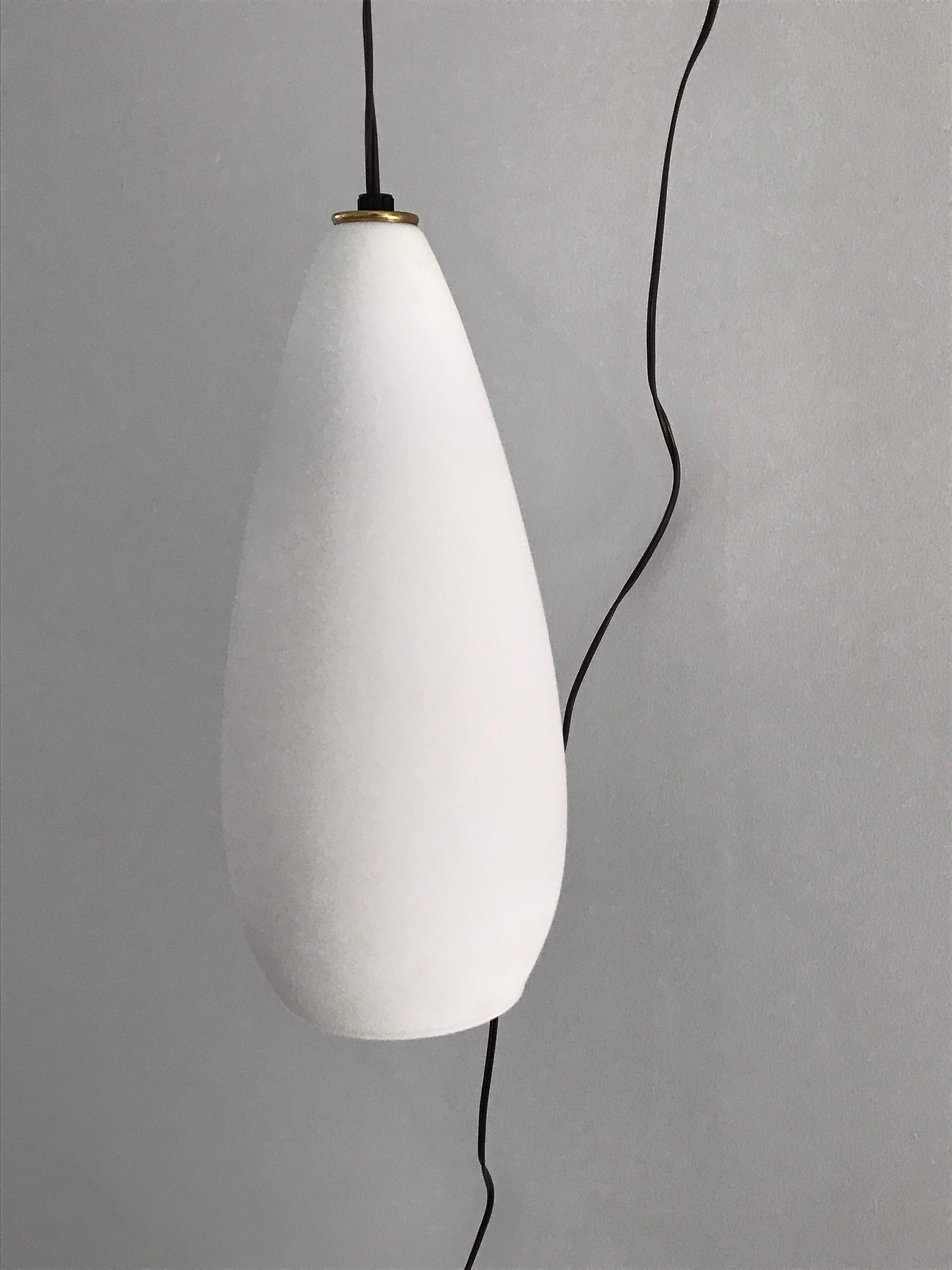Pair of Mid-Century Modern Swing Arm Pendant Lights, Milk White Glass, 1960s In Good Condition In Bedford Hills, NY