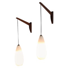 Pair of Mid-Century Modern Swing Arm Pendant Lights, Milk White Glass, 1960s