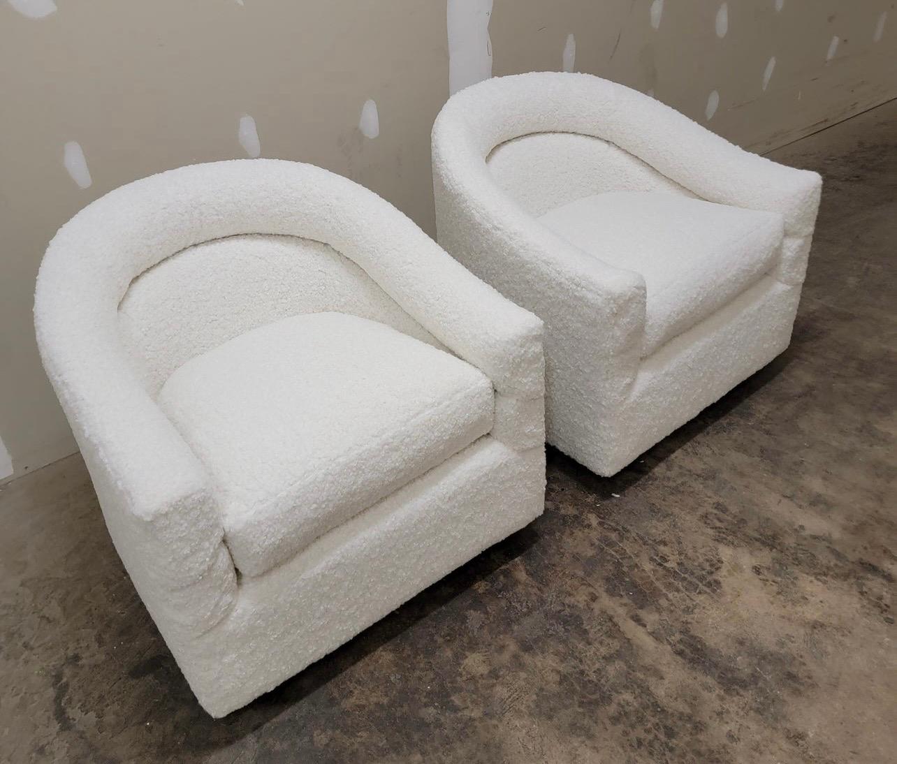 Pair of Mid-Century Modern Swivel Chairs Newly Done in Boucle Faux Shearling 3
