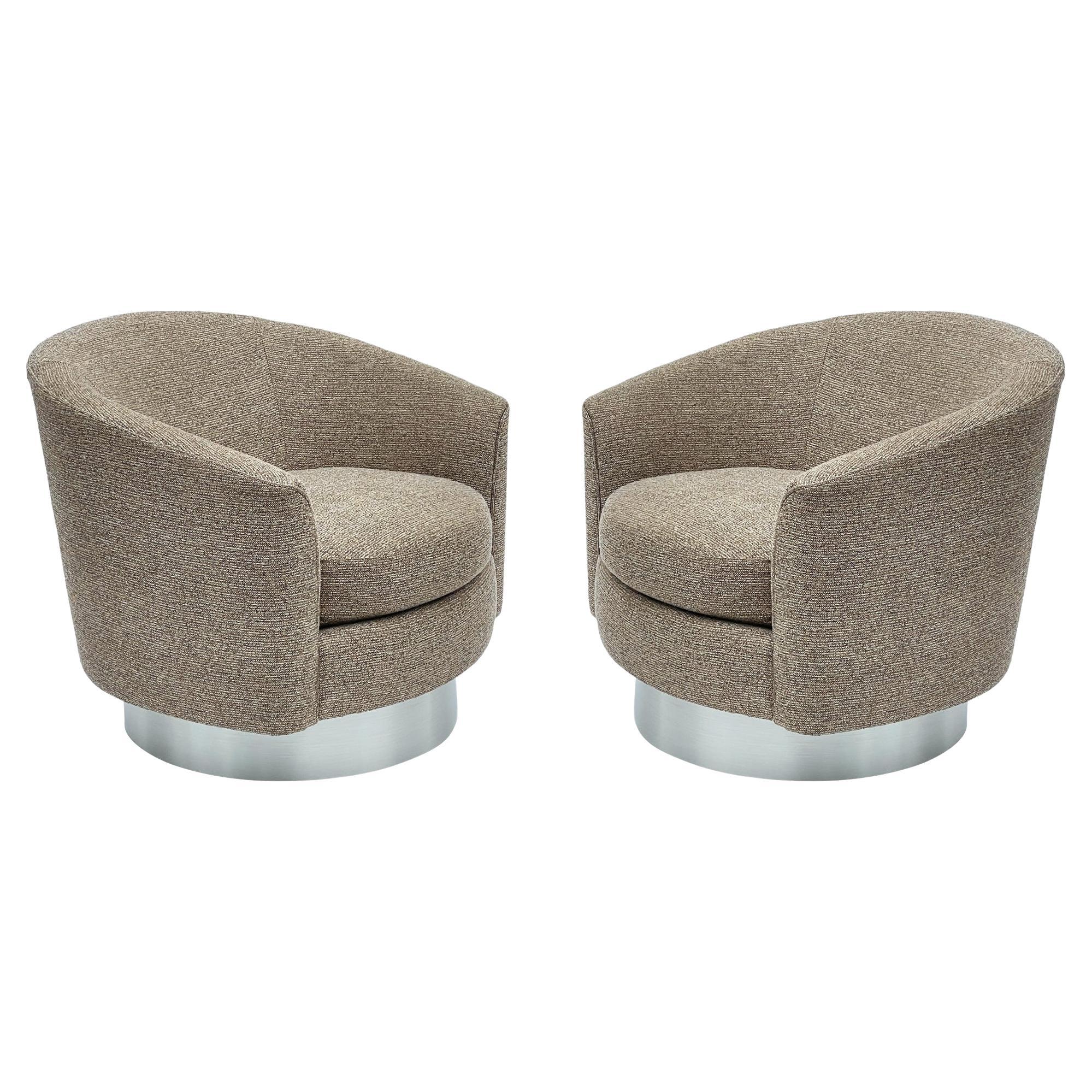 Pair of Mid Century Modern Swivel Lounge Club Chairs in Tweed & Brushed Steel