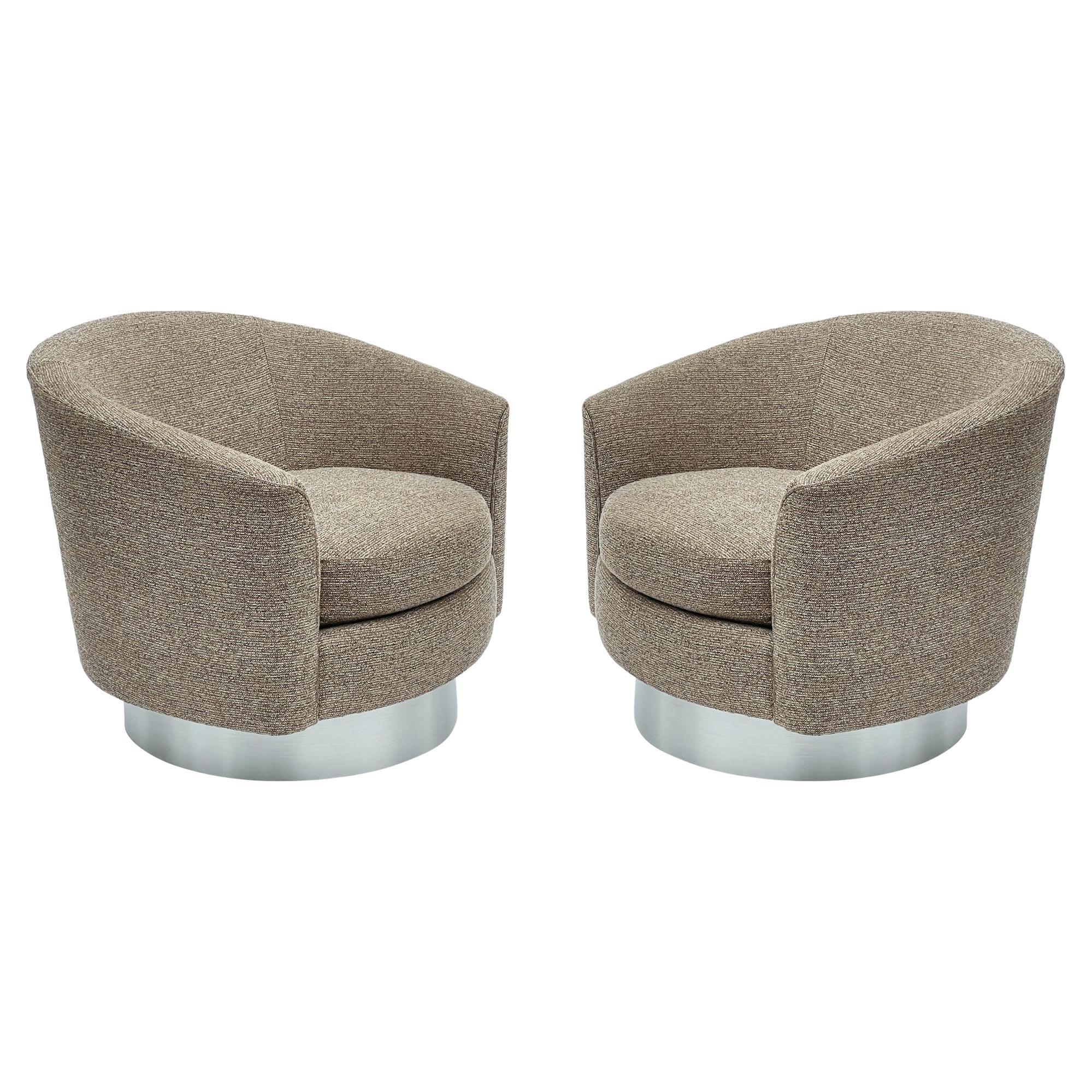 Pair of Mid Century Modern Swivel Lounge Club Chairs in Tweed & Brushed Steel