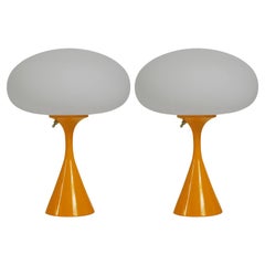 Pair of Mid-Century Modern Table Lamps by Design Line in Orange & White Glass