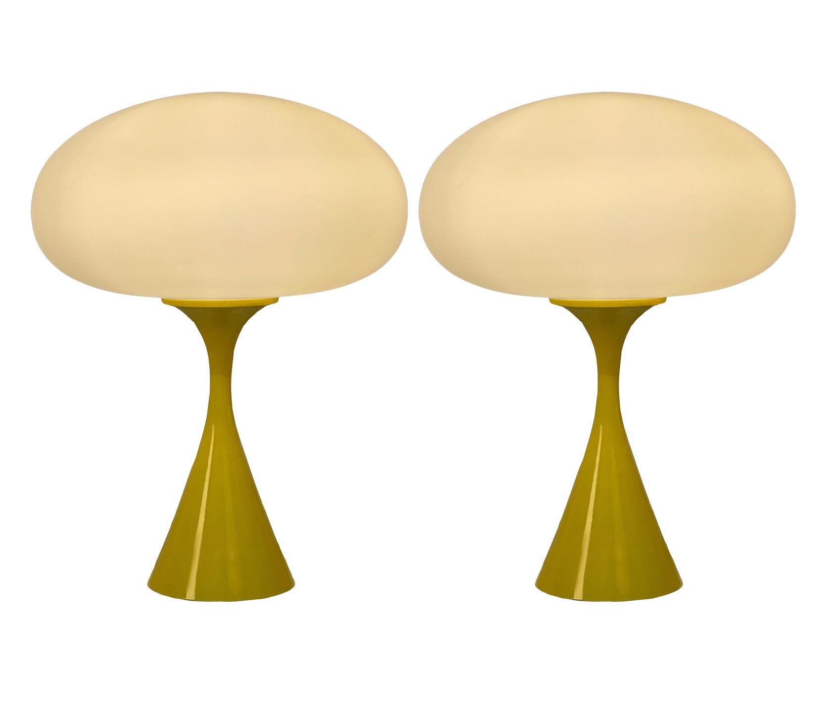 Aluminum Pair of Mid-Century Modern Table Lamps by Designline in Yellow & White Glass For Sale