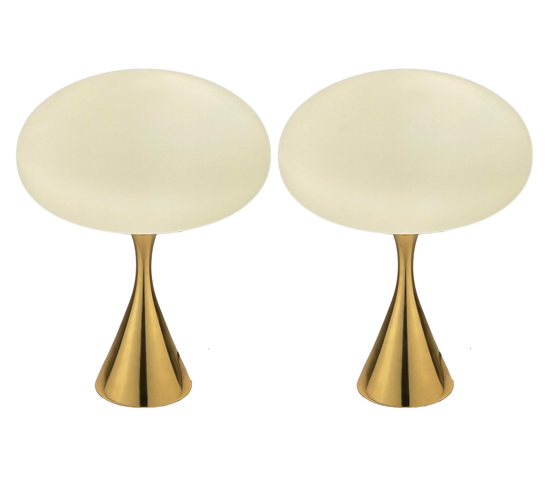 Pair of Mid-Century Modern Table Lamps by Designline in Brass & White Glass In New Condition In Philadelphia, PA