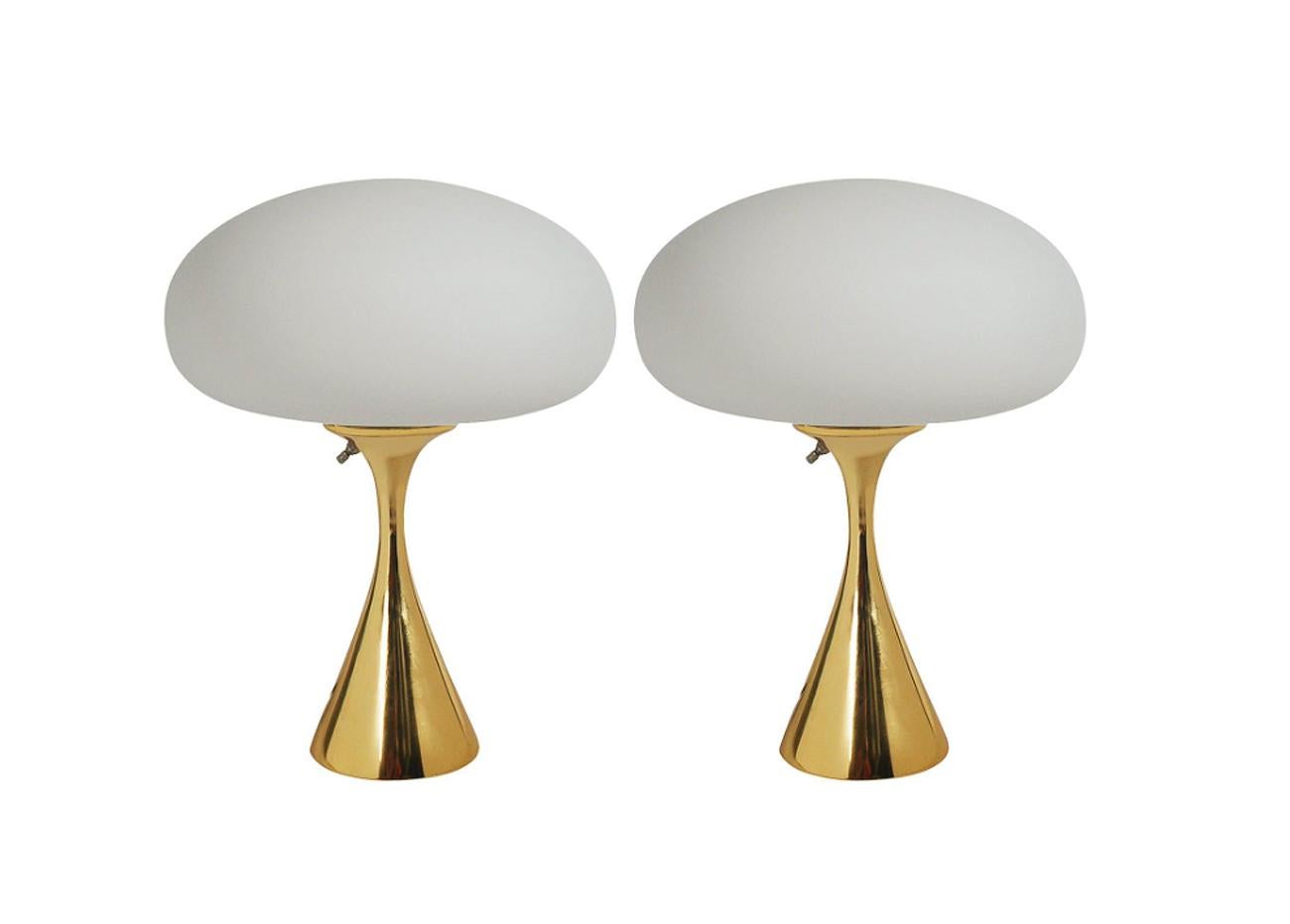 Contemporary Pair of Mid-Century Modern Table Lamps by Designline in Brass & White Glass