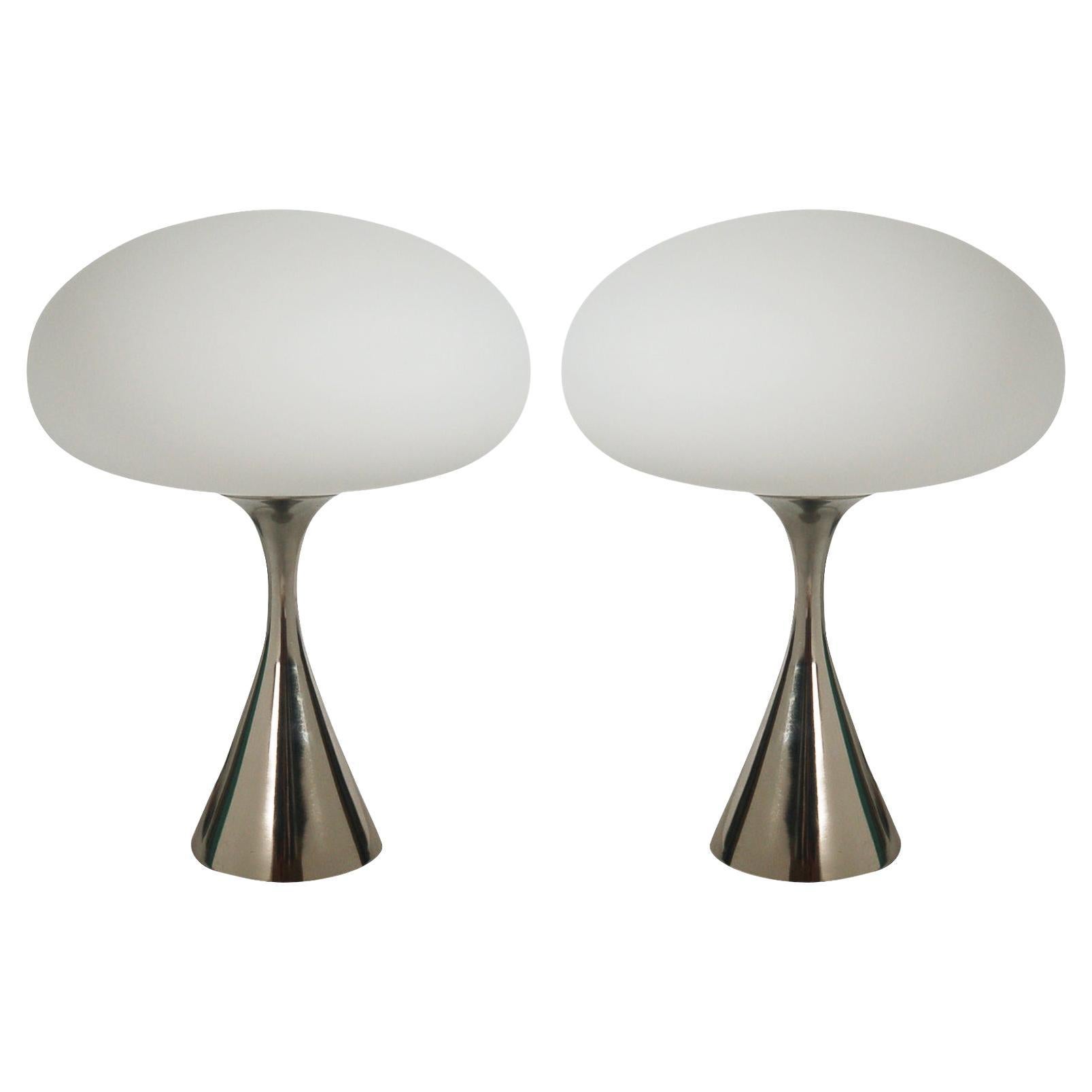Pair of Mid-Century Modern Table Lamps by Designline in Chrome & White Glass