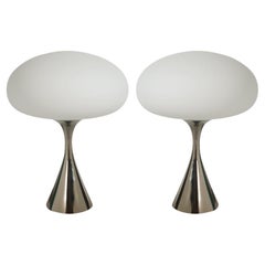 Pair of Mid-Century Modern Table Lamps by Designline in Chrome & White Glass