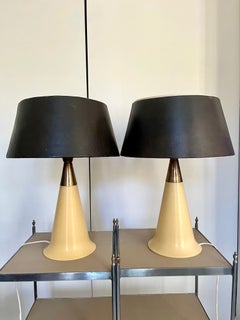 Pair of  Mid-Century Modern Table Lamps in Plastic and Brass with Black Shades