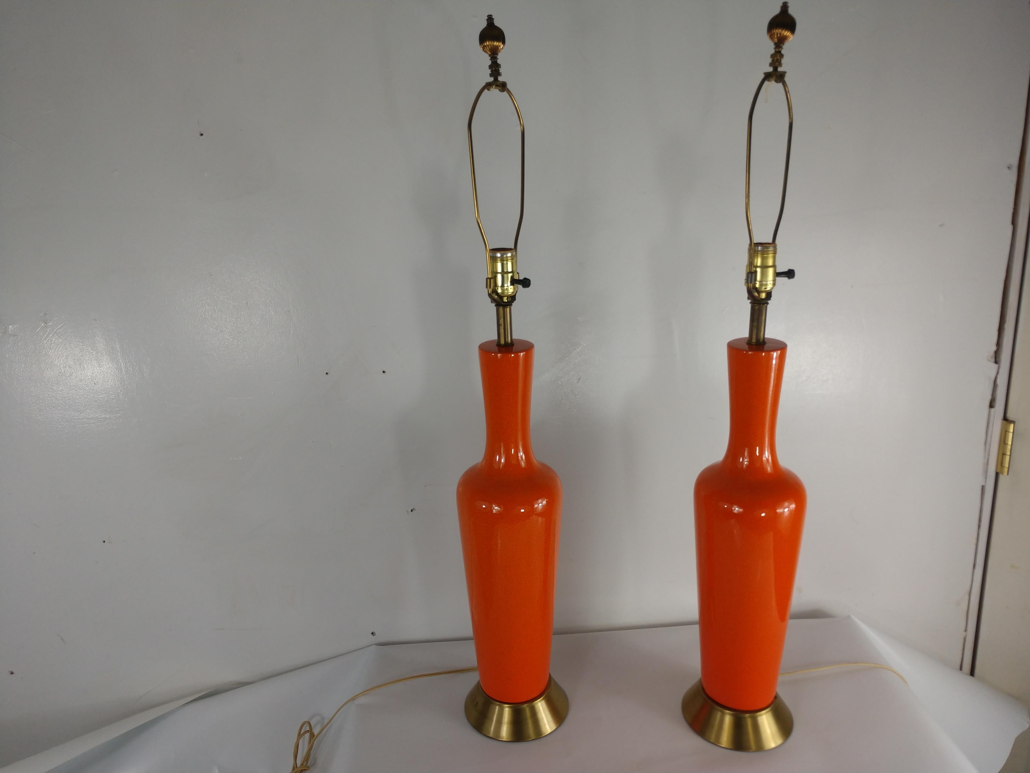 Brass Pair of Mid-Century Modern Table Lamps with Orange Crackle Glaze, C1958 For Sale