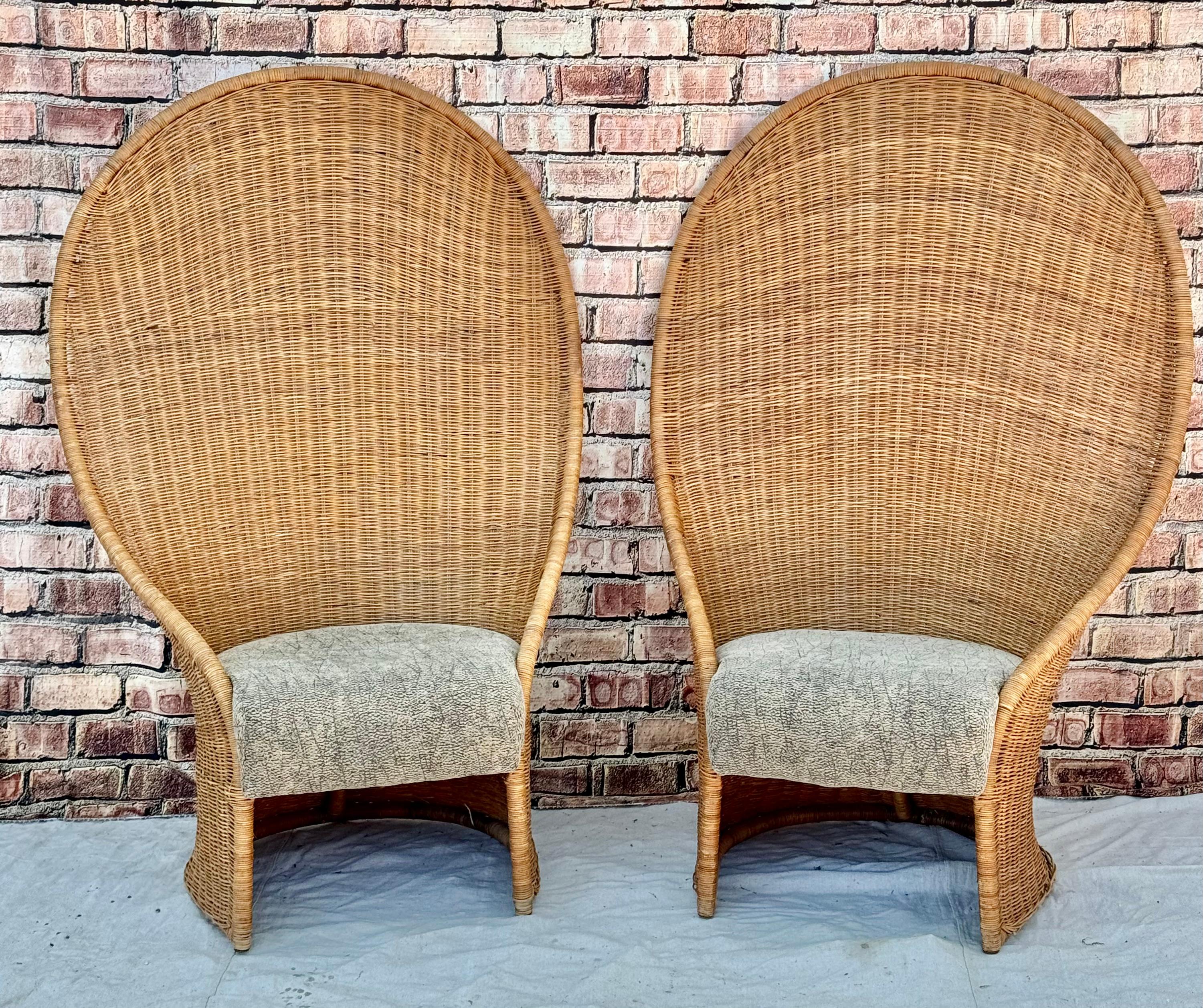 Pair Of Mid-Century Modern Tall Rattan Wicker Peacock Chairs For Sale 5