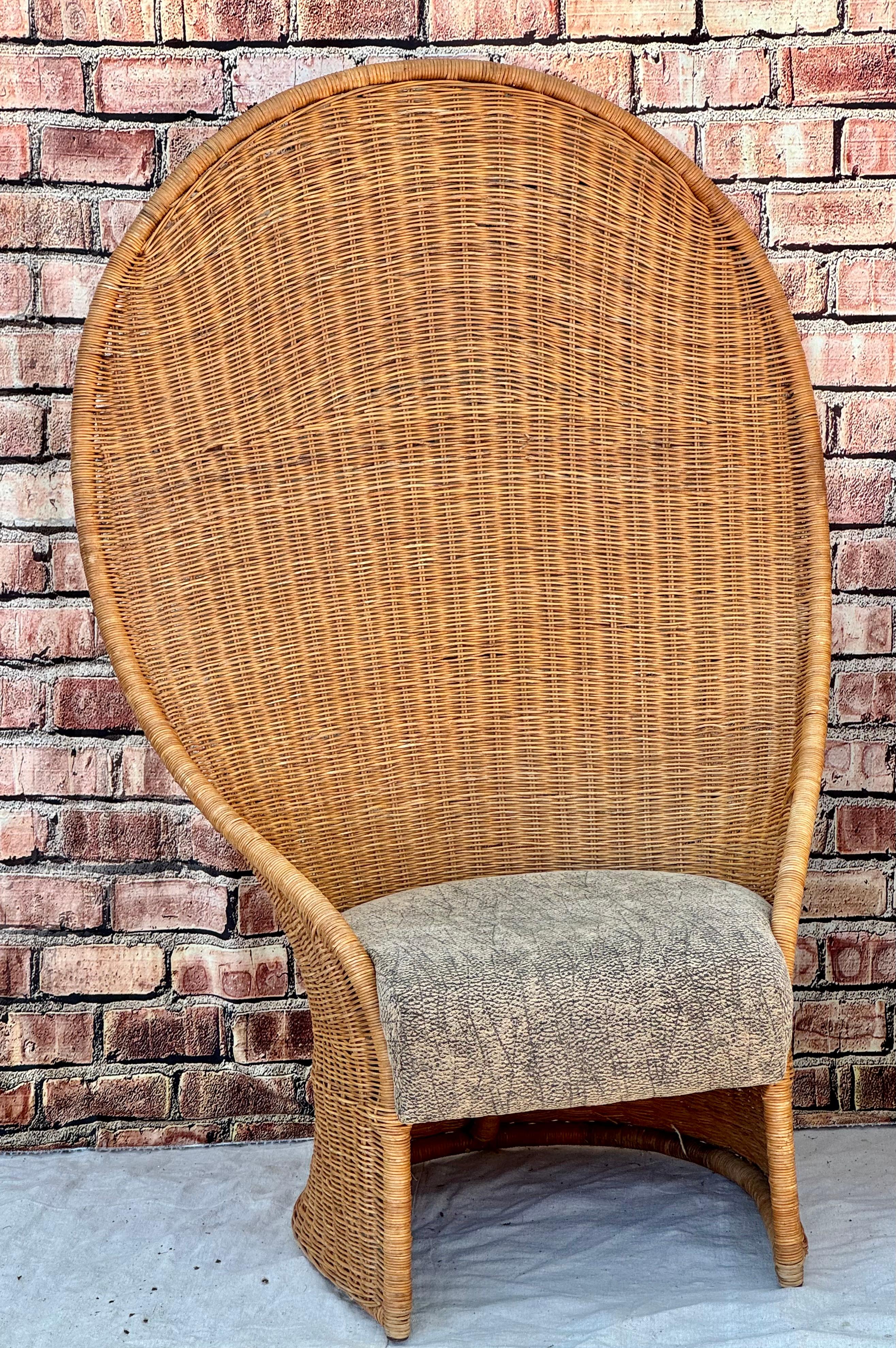 American Pair Of Mid-Century Modern Tall Rattan Wicker Peacock Chairs For Sale