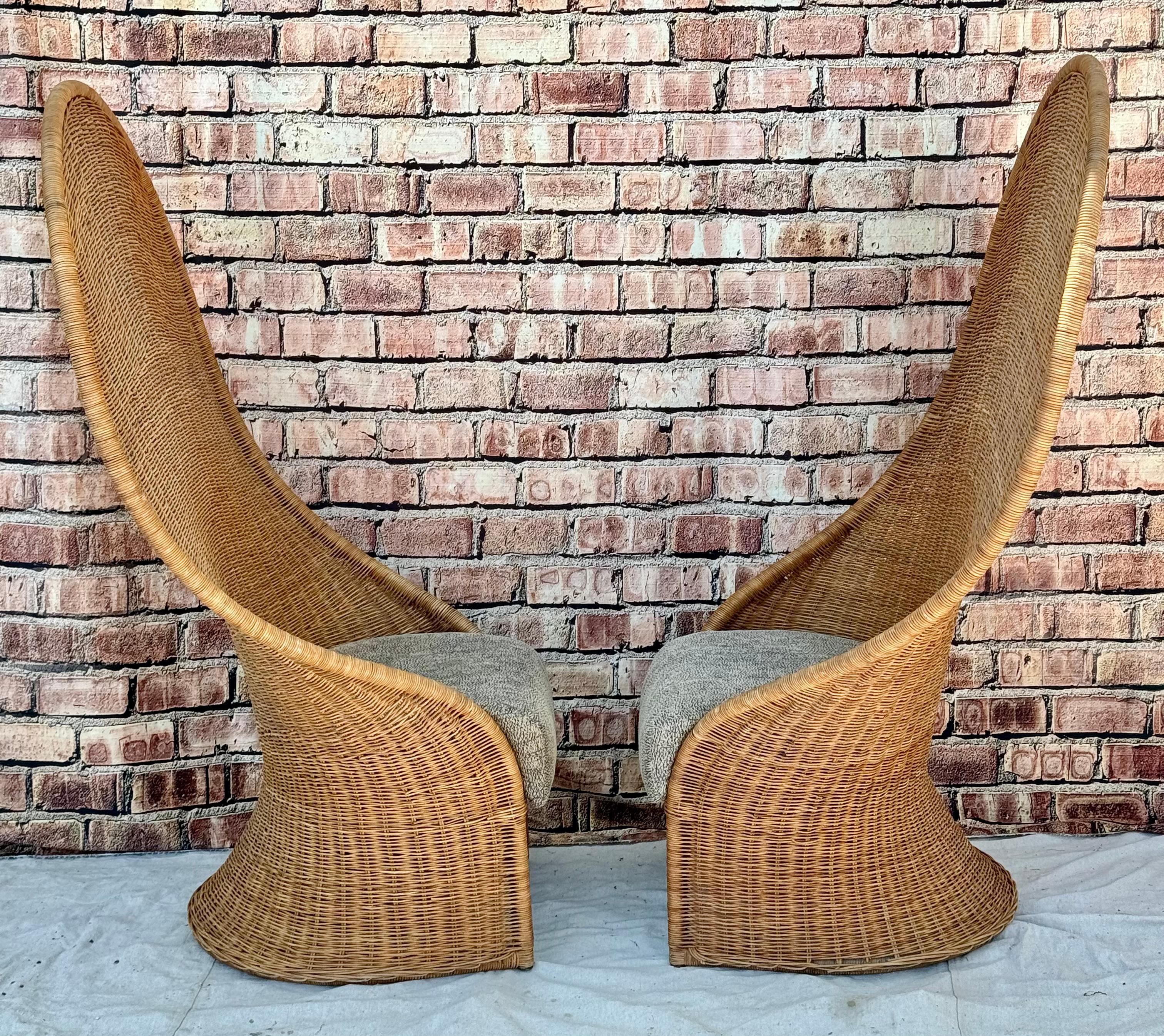 American Pair Of Mid-Century Modern Tall Rattan Wicker Peacock Chairs For Sale