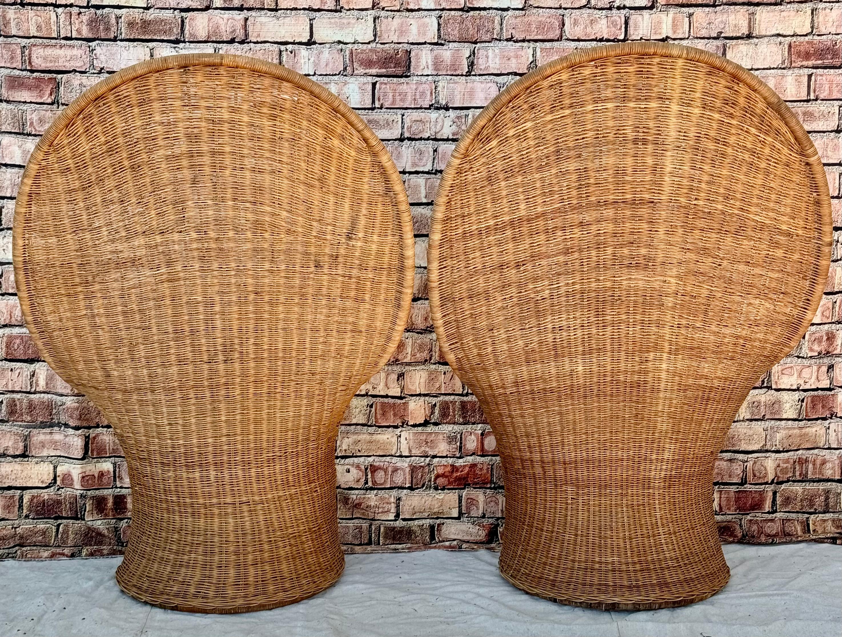 20th Century Pair Of Mid-Century Modern Tall Rattan Wicker Peacock Chairs For Sale