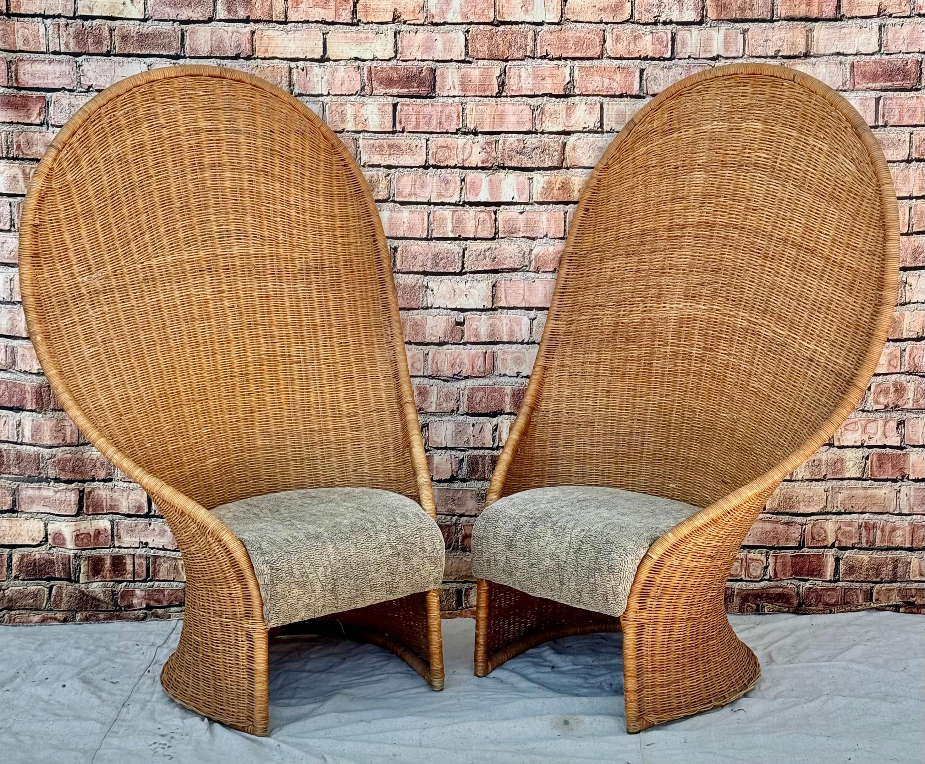 Pair Of Mid-Century Modern Tall Rattan Wicker Peacock Chairs For Sale 1