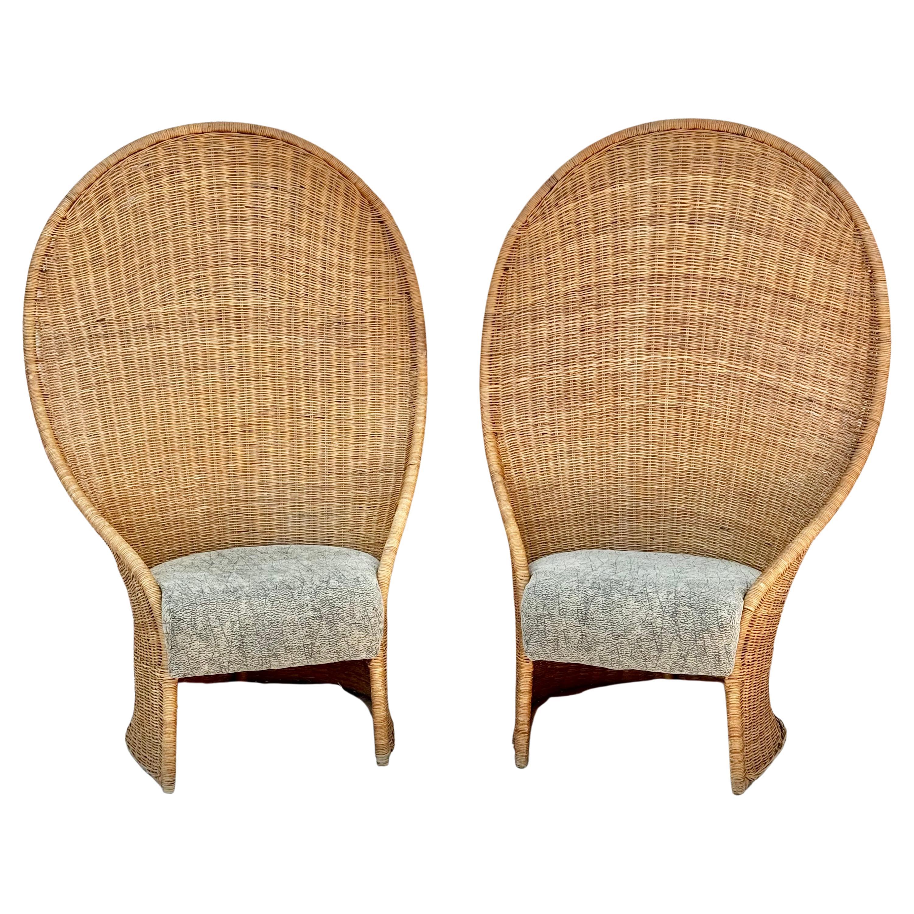 Pair Of Mid-Century Modern Tall Rattan Wicker Peacock Chairs