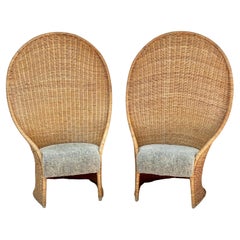 Retro Pair Of Mid-Century Modern Tall Rattan Wicker Peacock Chairs