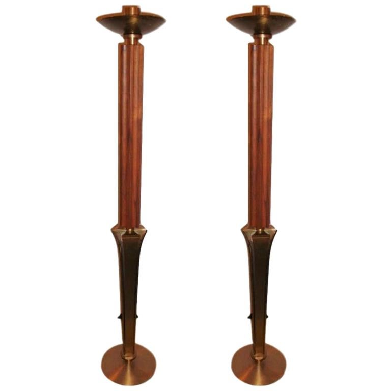 Pair of Mid-Century Modern Teak and Brass Standing "Prickets" Candlesticks For Sale