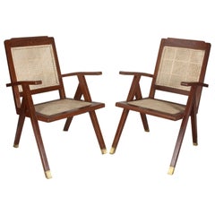 Pair of Mid-Century Modern Teak and Caned Side Armchairs