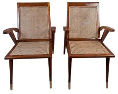Pair of Mid-Century Modern Teak Caned Side or Lounge Chairs with White Cushions