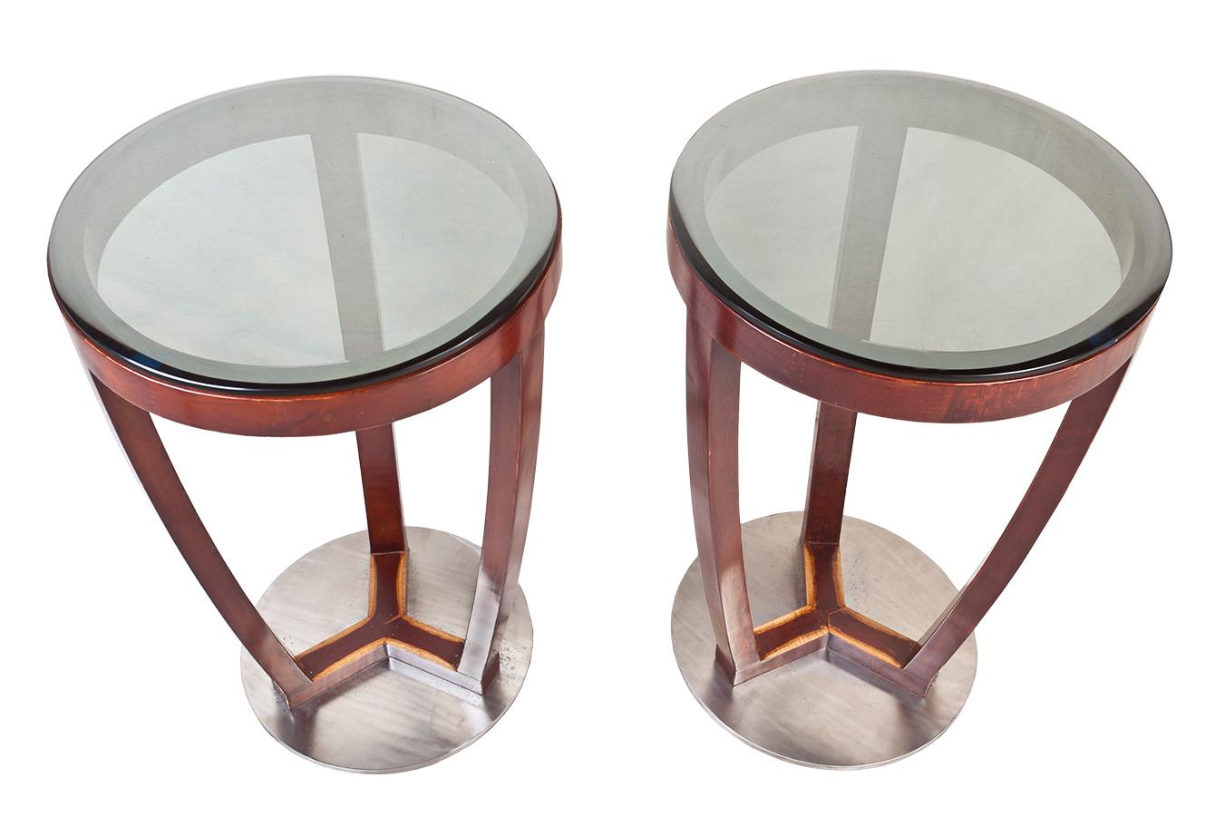 Pair of Mid-Century Modern teak side tables with chrome base and beveled, smoked glass tops not attached. Refinished.