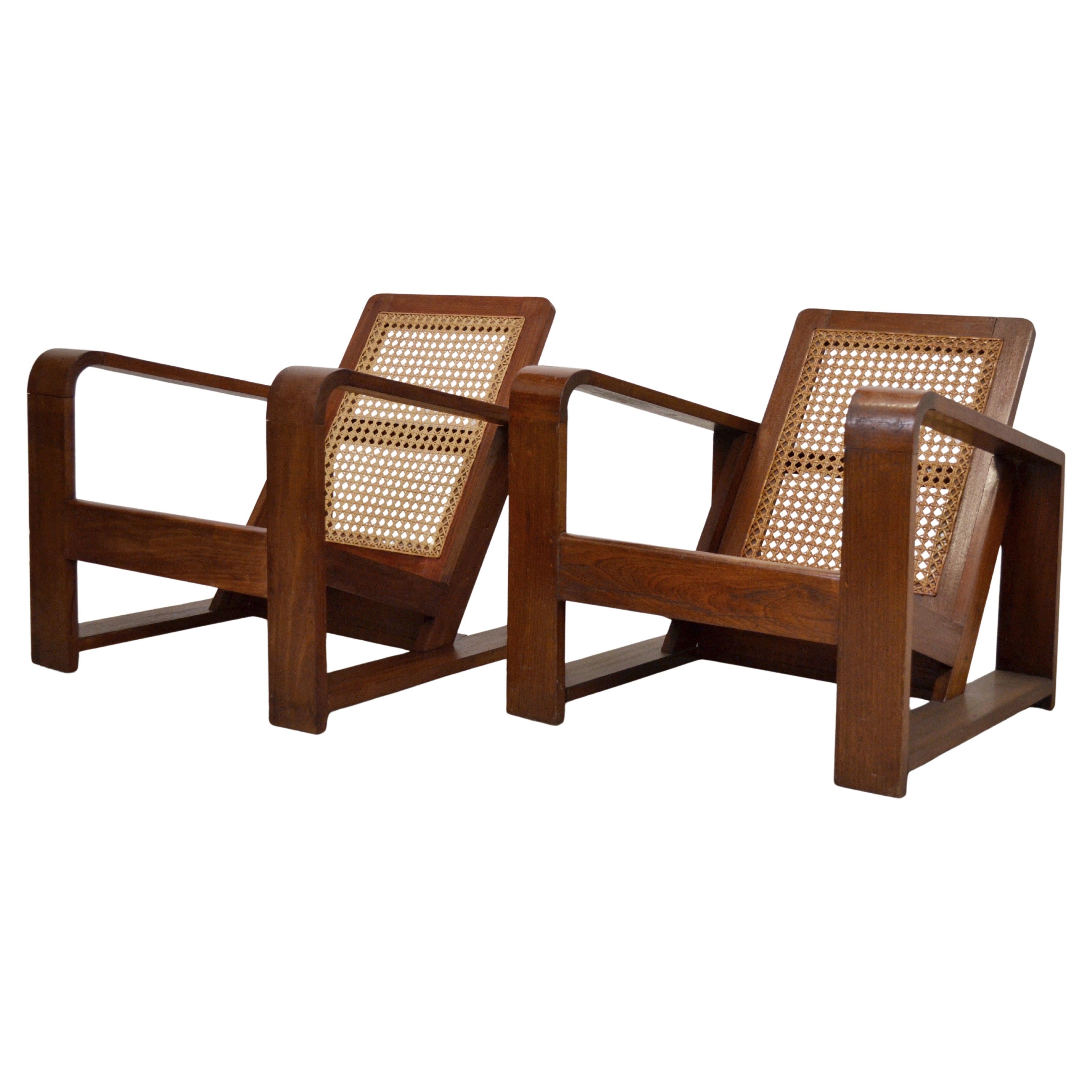 Pair of Mid-Century Modern Teak and Hand-Caned Lounge Chairs, 1950s