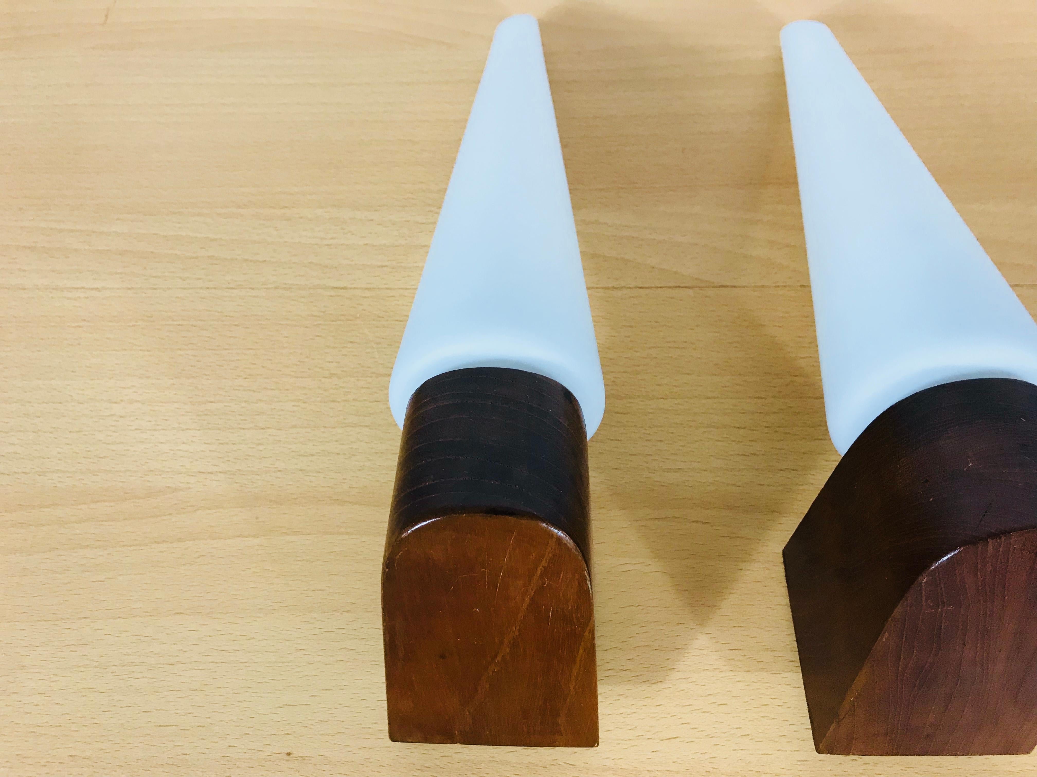 Mid-Century Modern Teak and Opaque Glass Wall Lamps, 1960s, Scandinavian, Pair In Excellent Condition For Sale In Hagenbach, DE