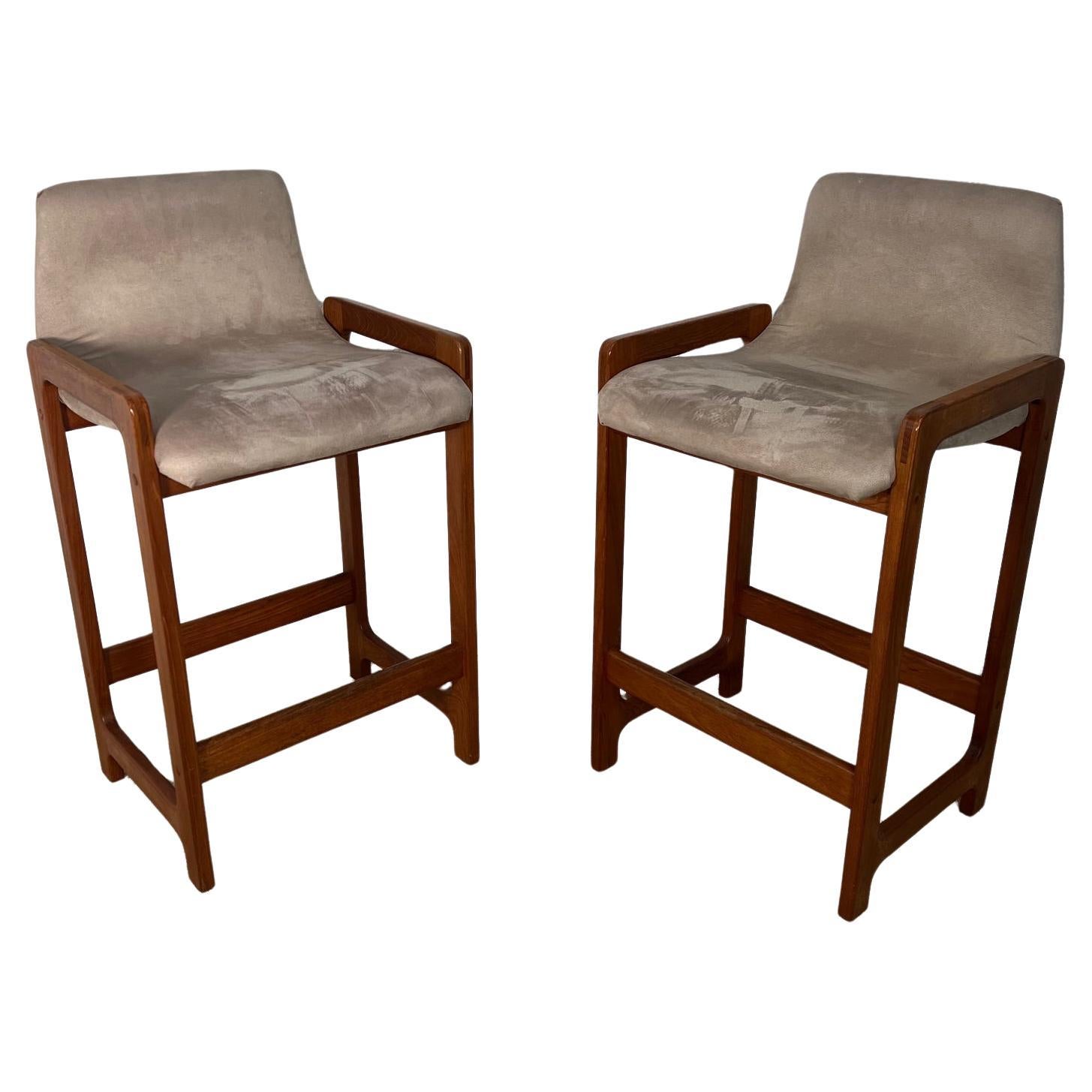 Pair Of Mid Century Modern Teak Bar Stools By D-Scan Counter Height