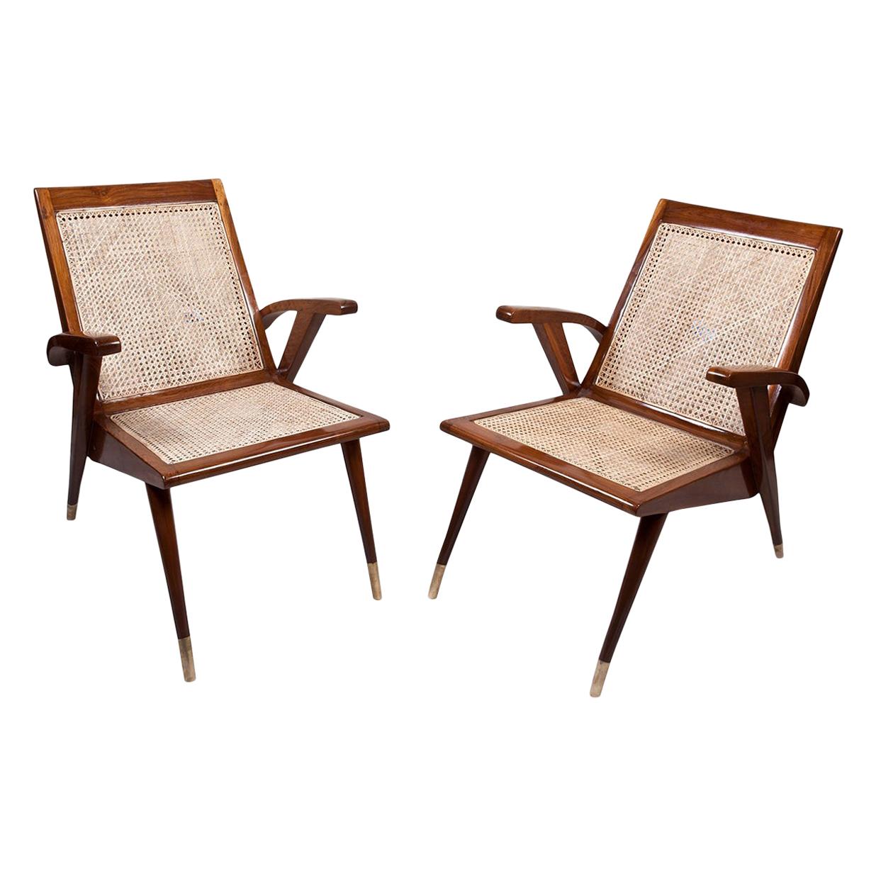 Pair of Mid-Century Modern Teak Caned Side or Lounge Chairs with White Cushions