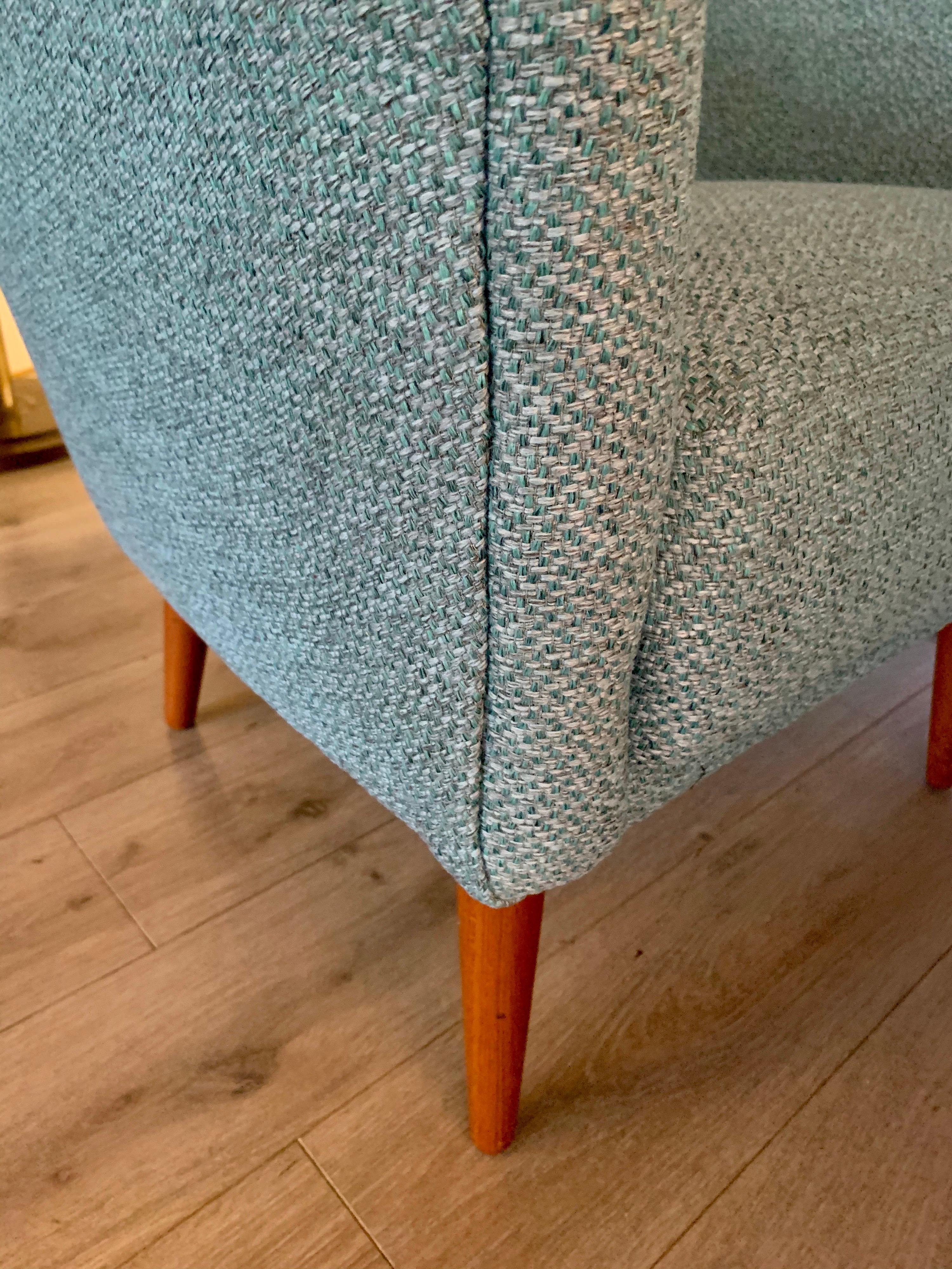 Scandinavian Modern Pair of Mid-Century Modern Teal Seafoam Tweed Newly Upholstered Walnut Armchairs