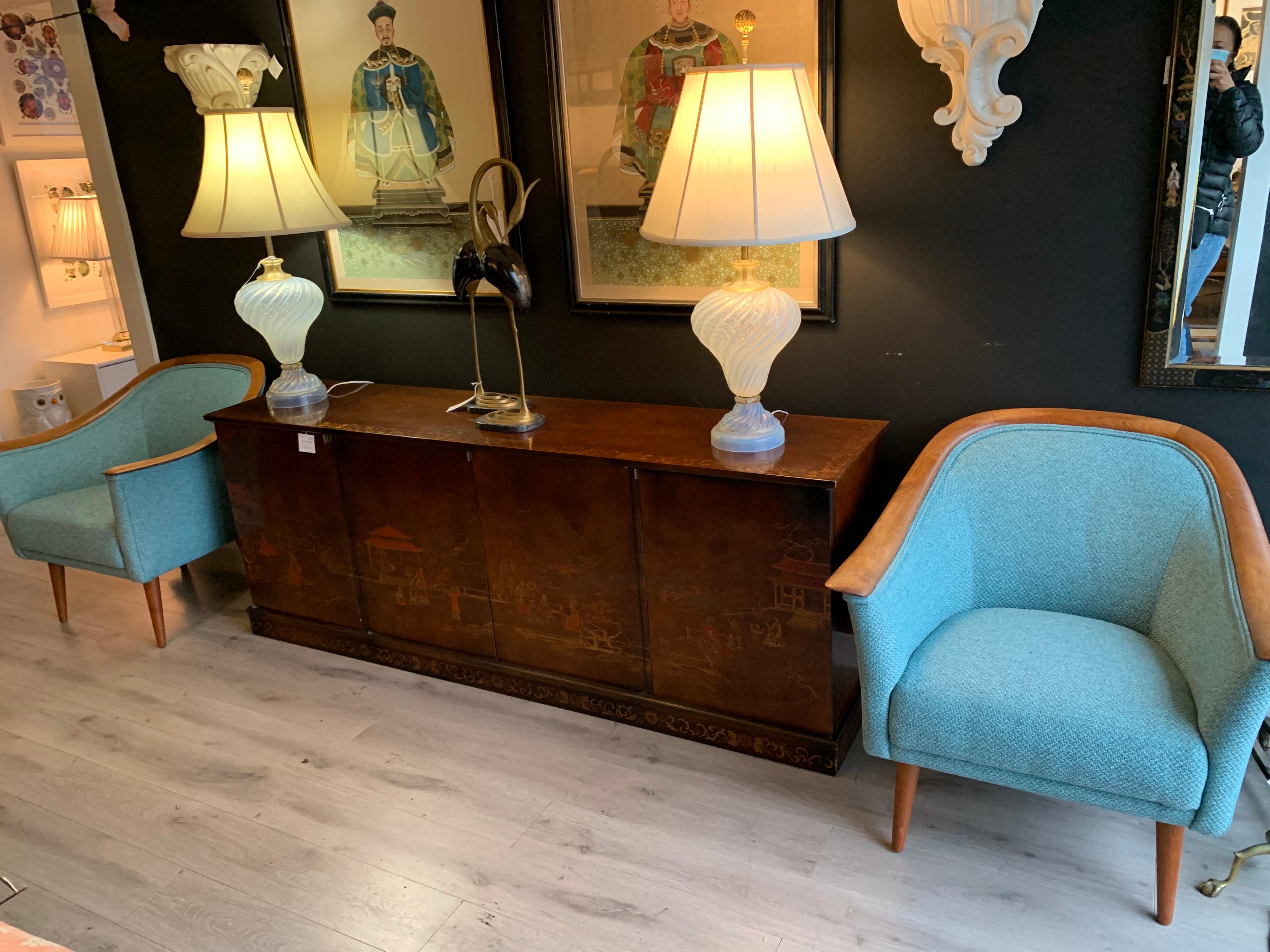 Pair of Mid-Century Modern Teal Seafoam Tweed Newly Upholstered Walnut Armchairs In Good Condition In West Hartford, CT