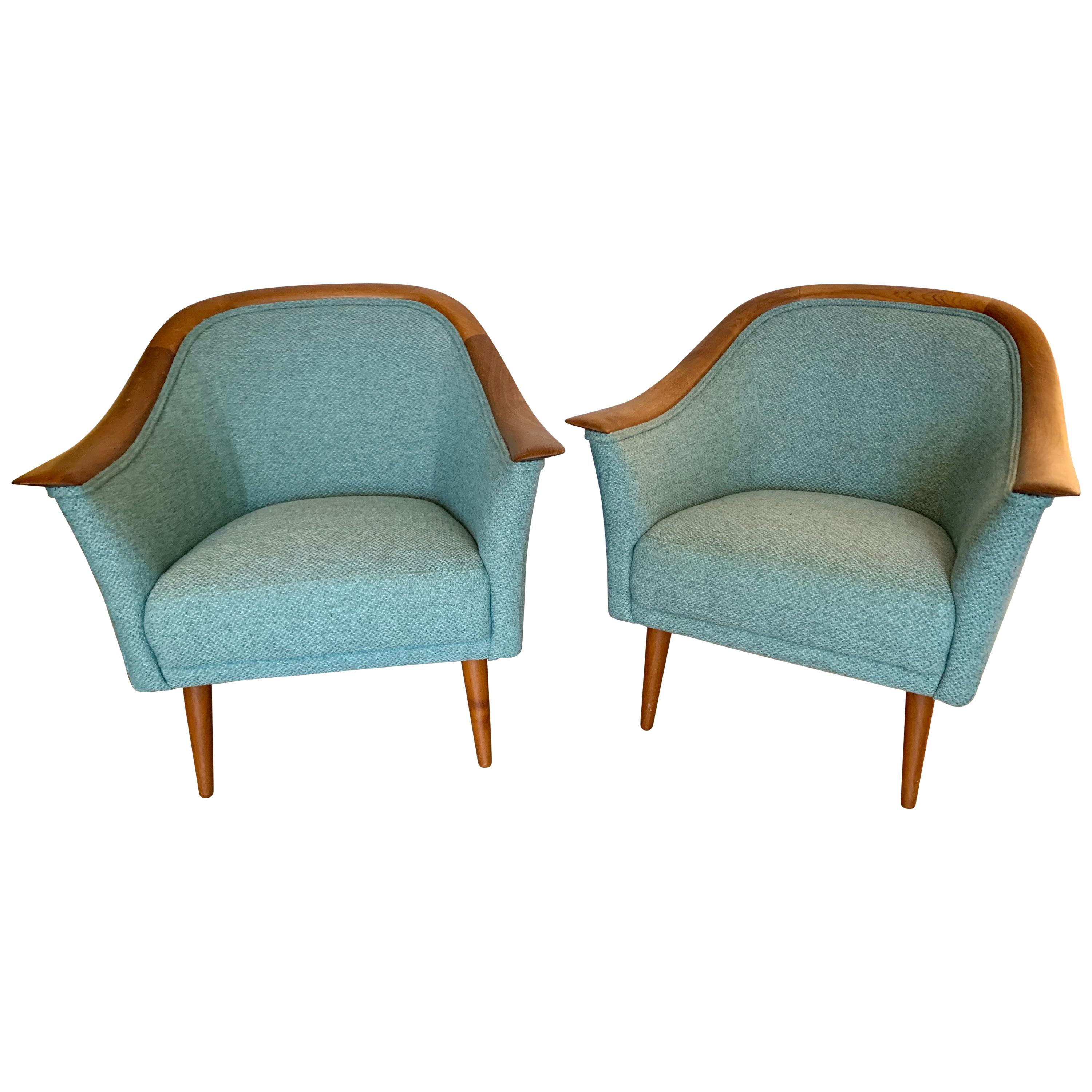 Pair of Mid-Century Modern Teal Seafoam Tweed Newly Upholstered Walnut Armchairs