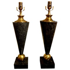Pair of Mid-Century Modern Tessellated Stone and Brass Lamps