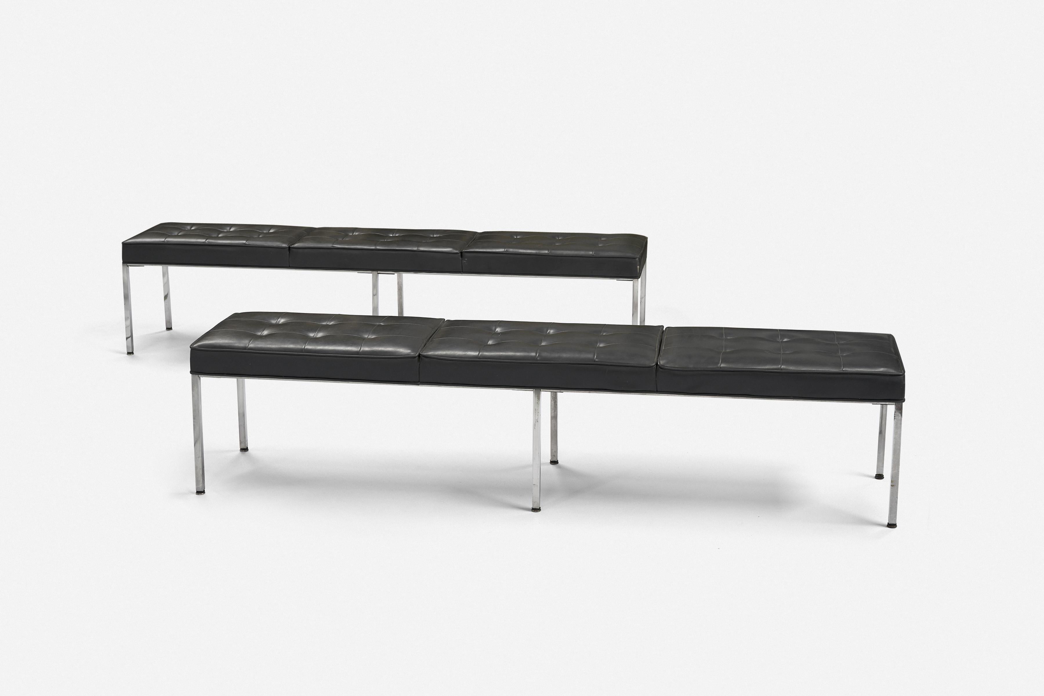 Pair of Mid-Century Modern Thonet bench

Dark grey vinyl top with steel base

Measures: 80” L x 18” D x 18.5” H

Original condition, oxidation to steel, small tears to vinyl, tears to underneath dust cover. Small burn mark to 1 bench.