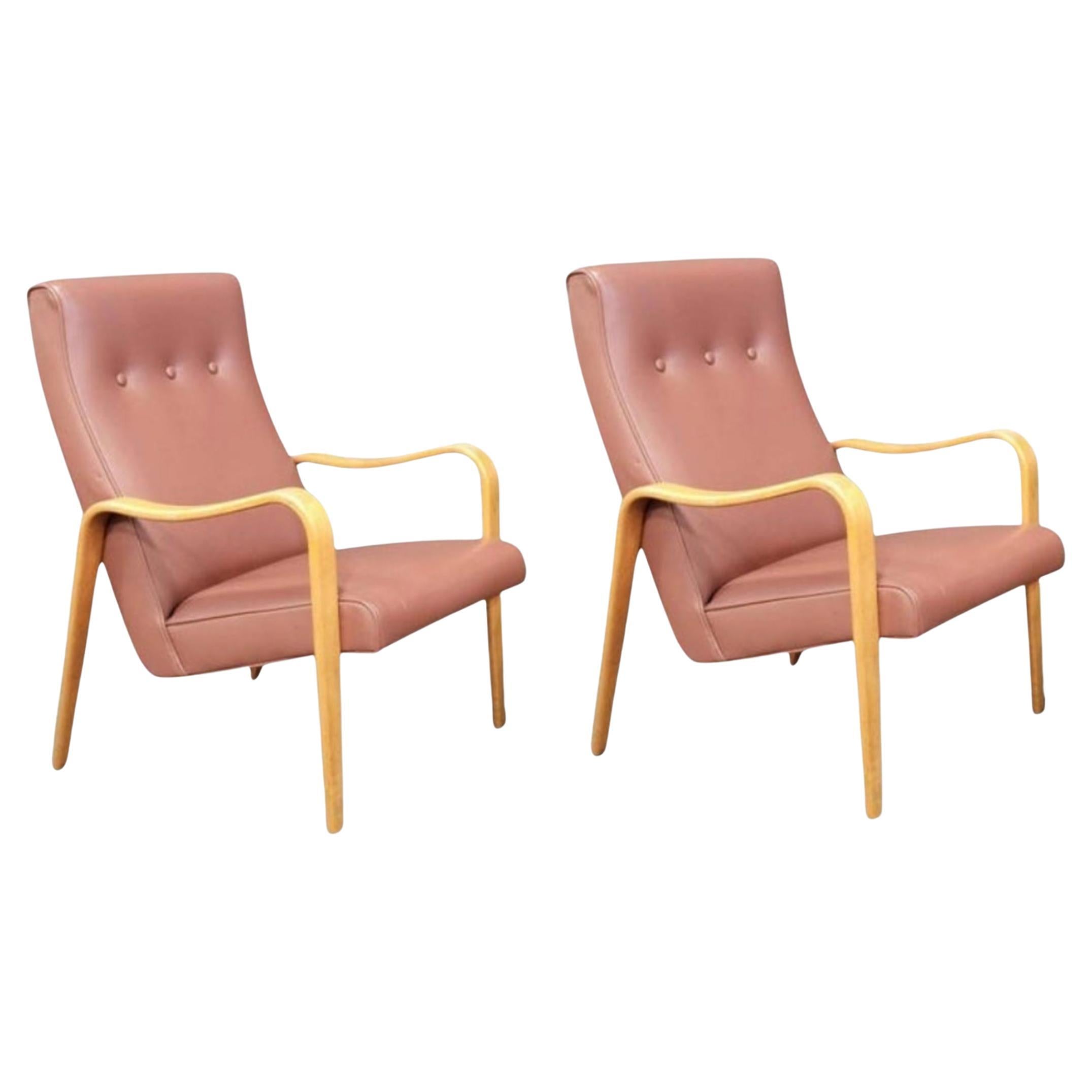 Pair of Mid-Century Modern Thonet Bentwood Birch Lounge Arm Chairs  For Sale
