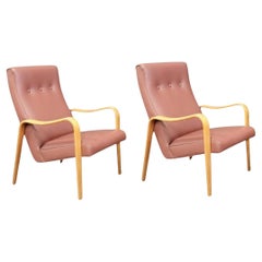 Pair of Mid-Century Modern Thonet Bentwood Birch Lounge Arm Chairs 