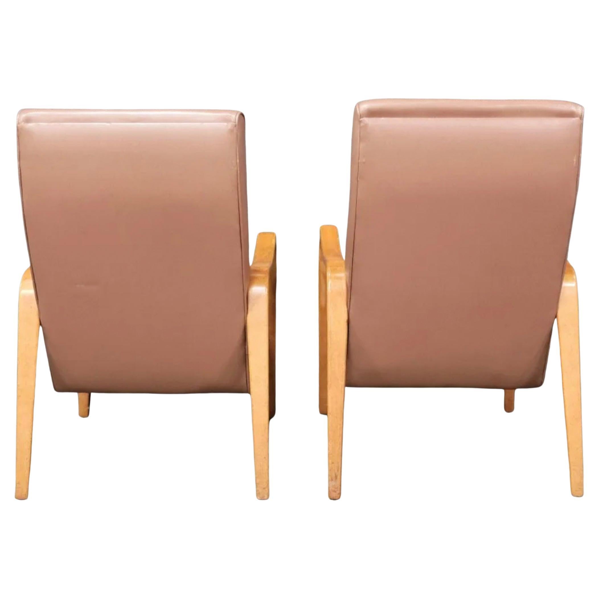 American Pair of Mid-Century Modern Thonet Bentwood Birch Lounge Arm Chairs Rose For Sale
