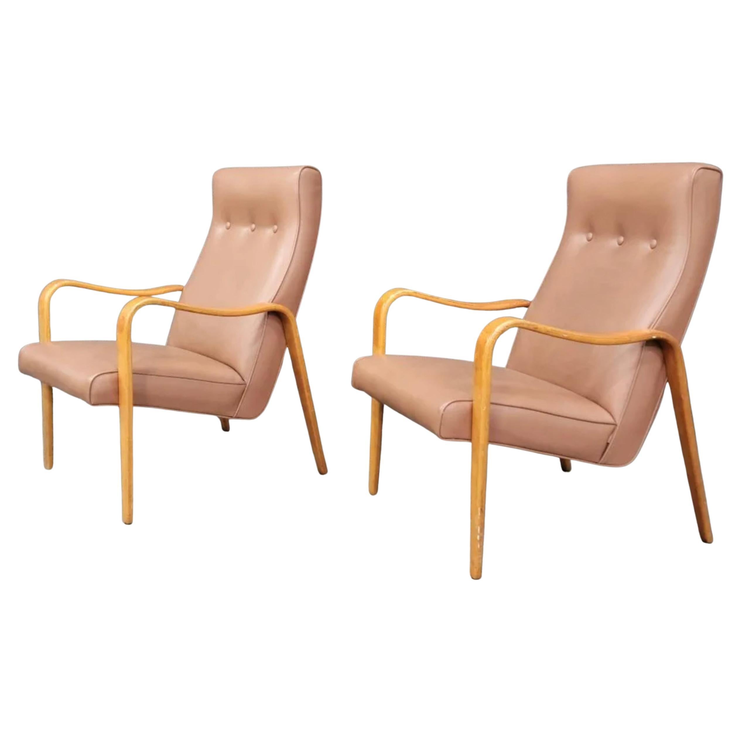 Américain Paire de fauteuils de salon en bois de bouleau courbé Thonet modernes du milieu du siècle Rose en vente