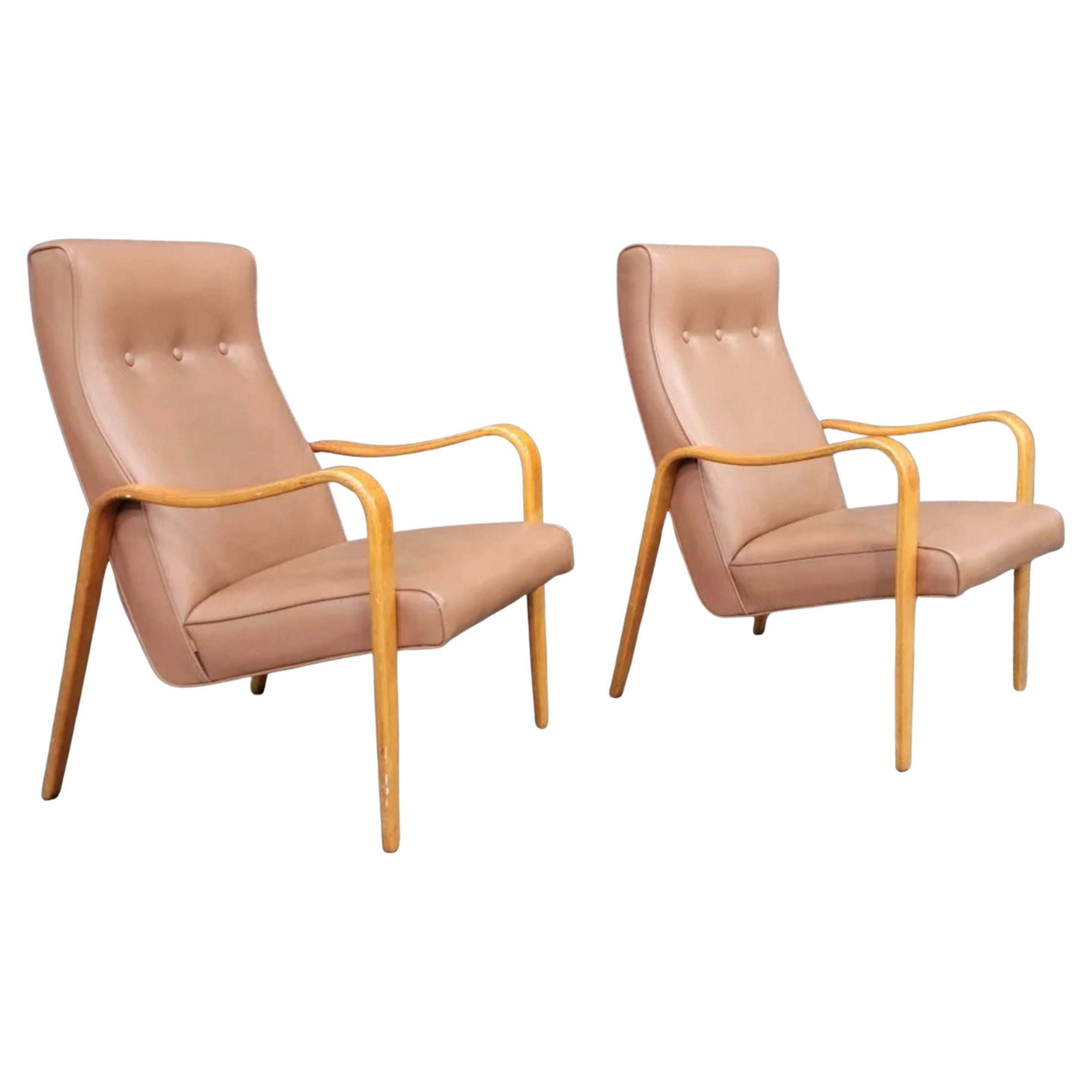 Pair of Mid-Century Modern Thonet Bentwood Birch Lounge Arm Chairs Rose For Sale