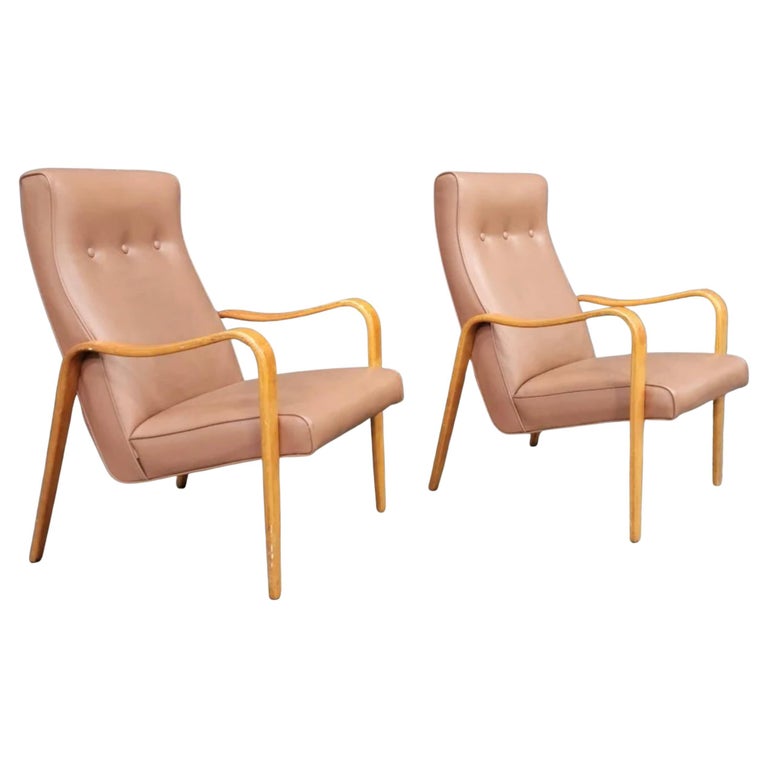 Pair of Mid century modern bentwood birch lounge arm chairs Rose