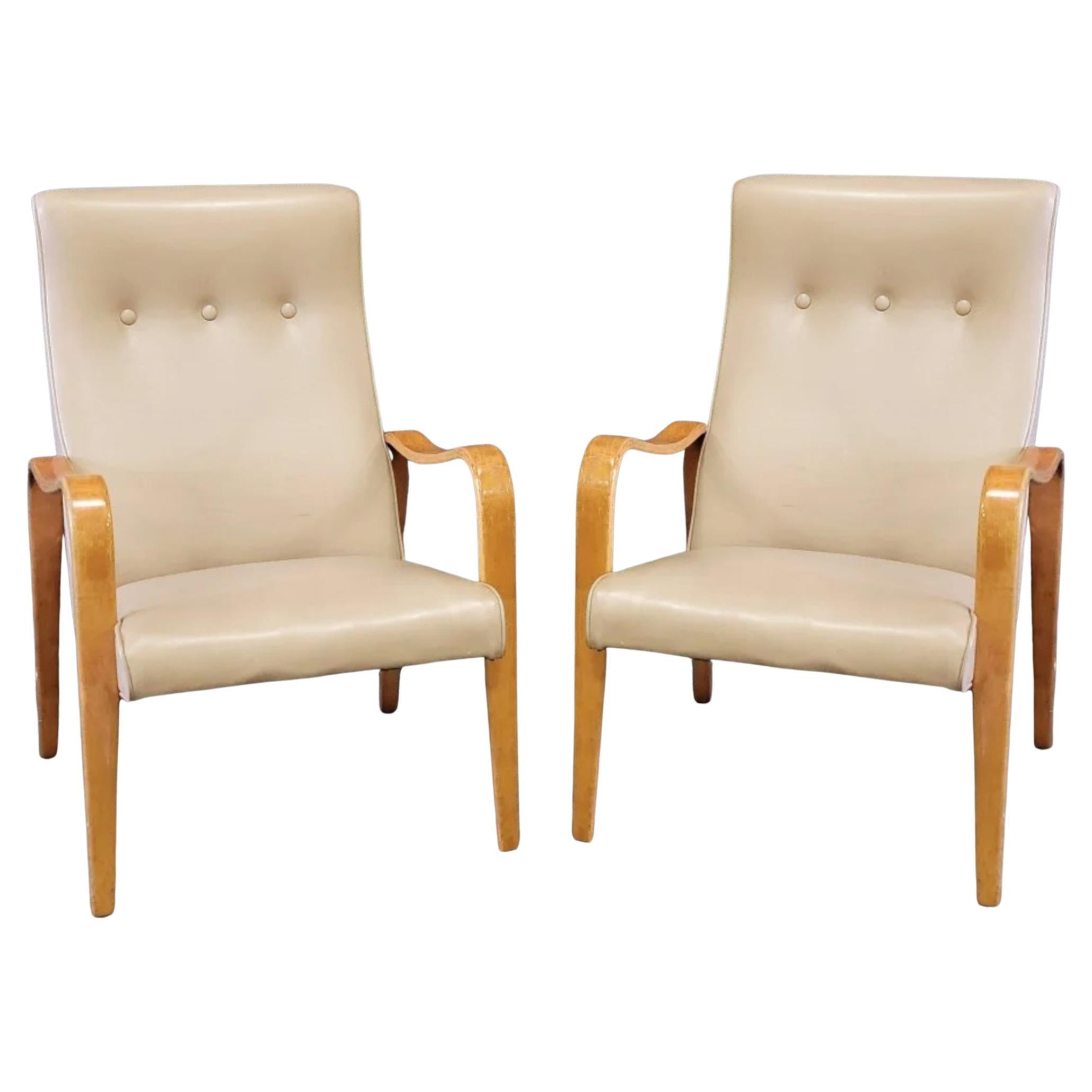 Américain Paire de fauteuils de salon Thonet en bois courbé et bouleau, modernes, du milieu du siècle dernier Tan en vente