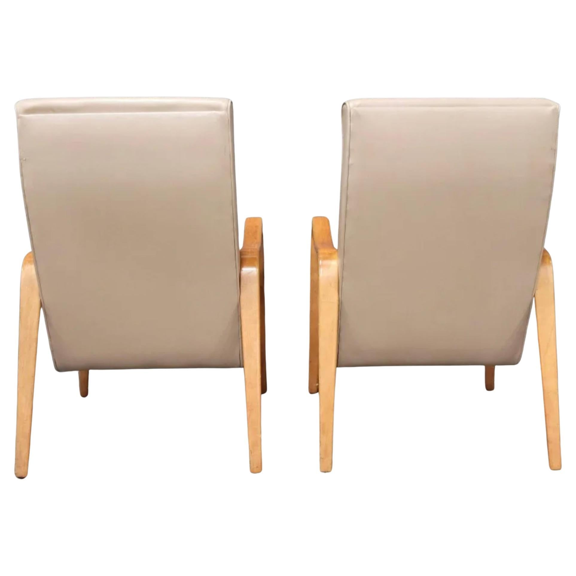 American Pair of Mid-Century Modern Thonet Bentwood Birch Lounge Arm Chairs Tan For Sale